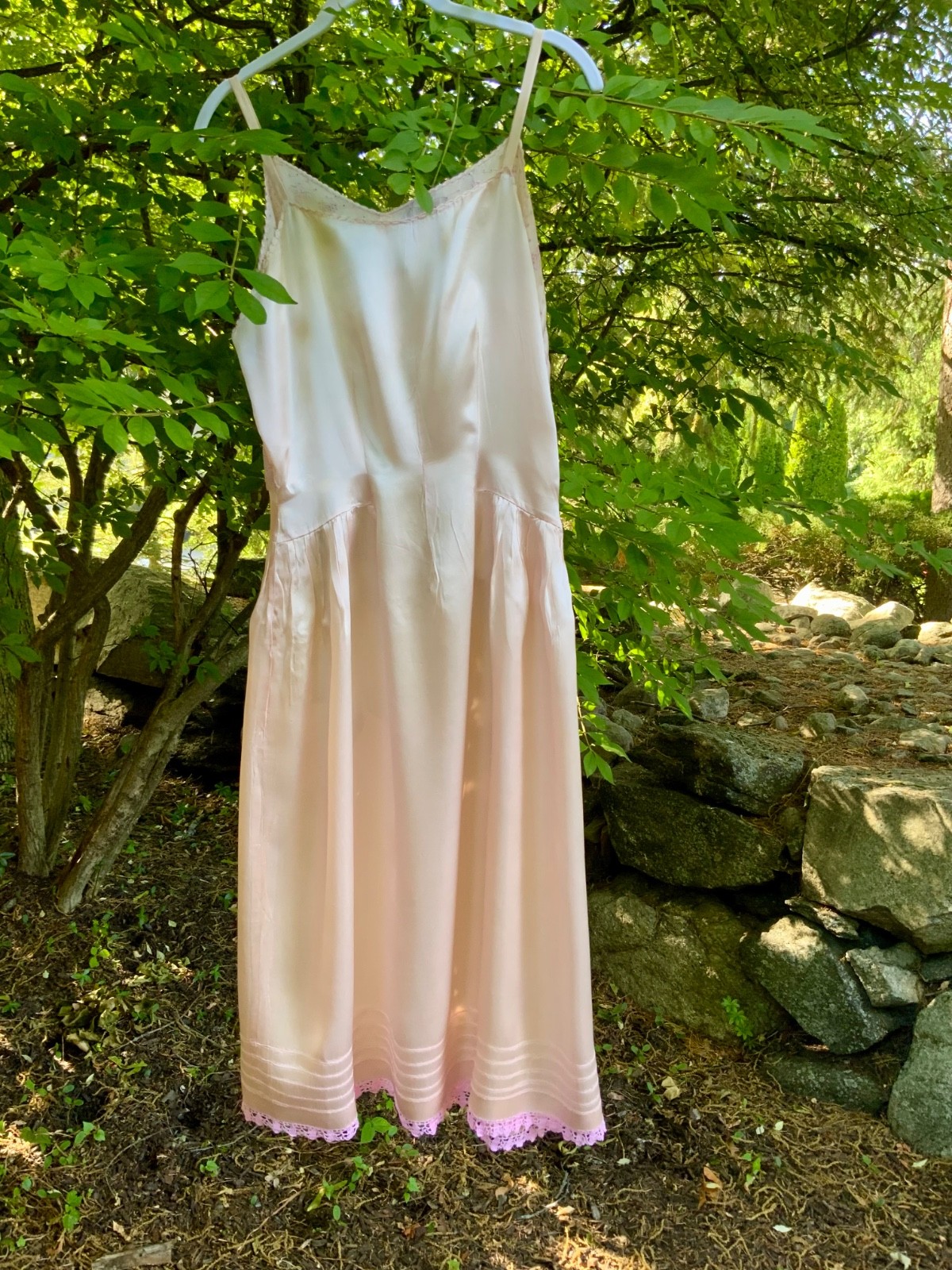 Rare 1930s Blush Pink Satin Boudoir Gown with Embroidery & Ribbon Sash-30DA