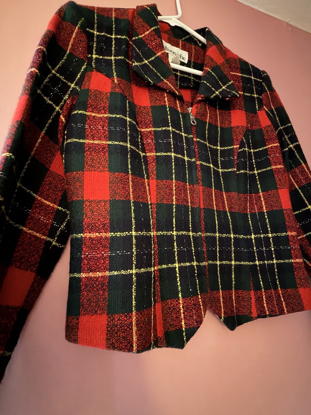 Vintage 90s Plaid Blazer Jacket Fitted Crop Shacket -Bold Bright Zip Up Holiday