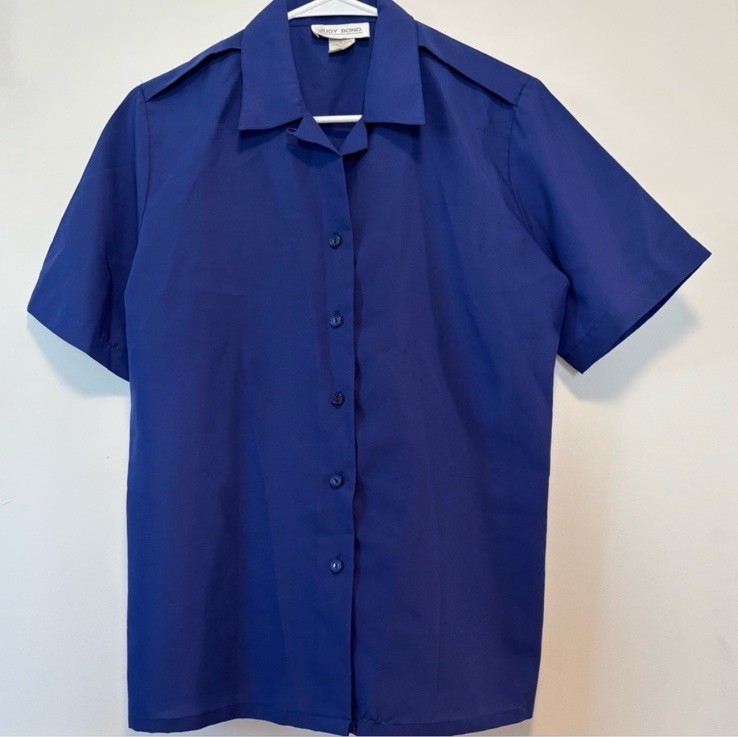 Vintage Judy Bond Cobalt Blue Button Down Blouse Top Made in USA Women Size 8