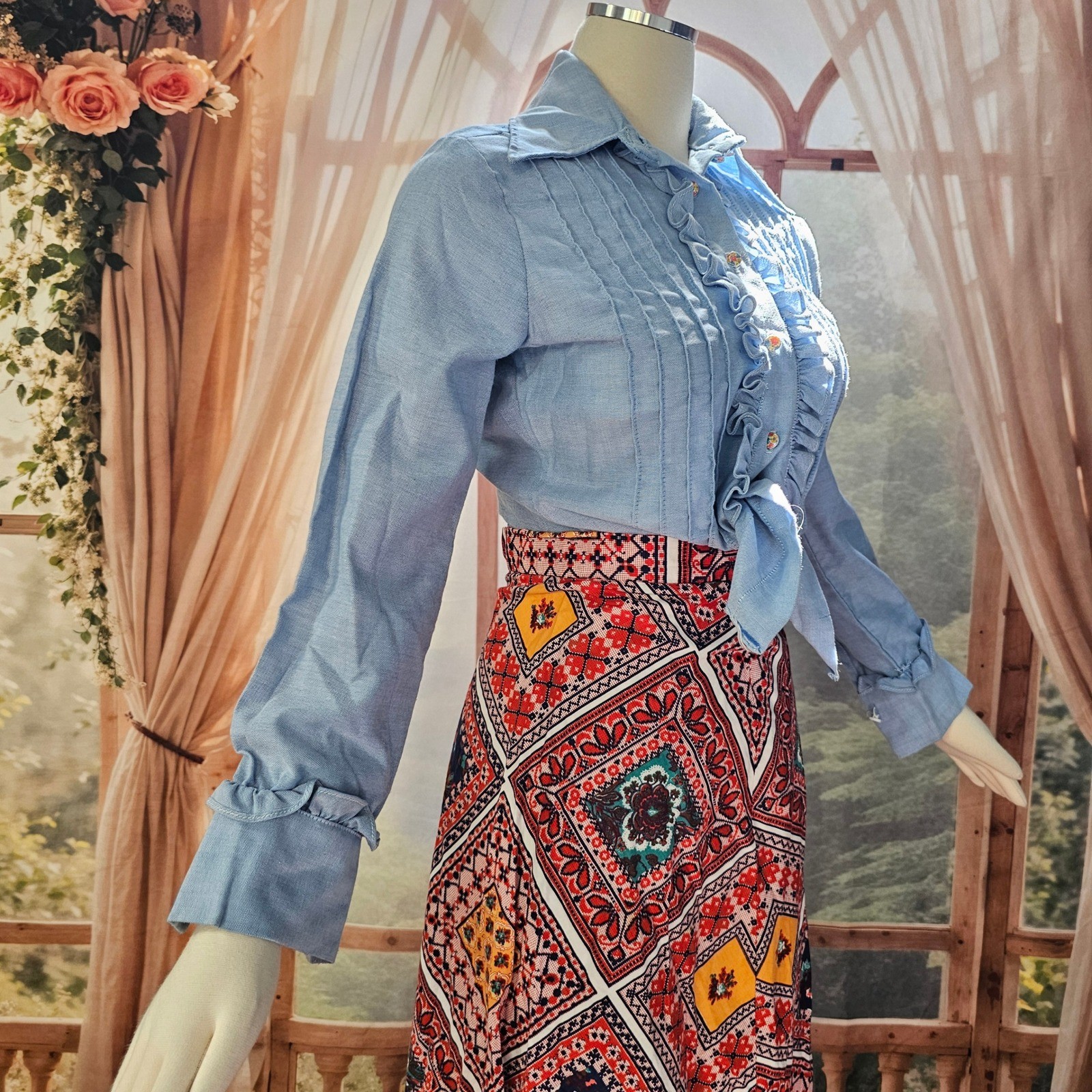 Vintage 1970s Light Blue Ruffled Tuxedo Blouse Pintuck Top Pointed Collar
