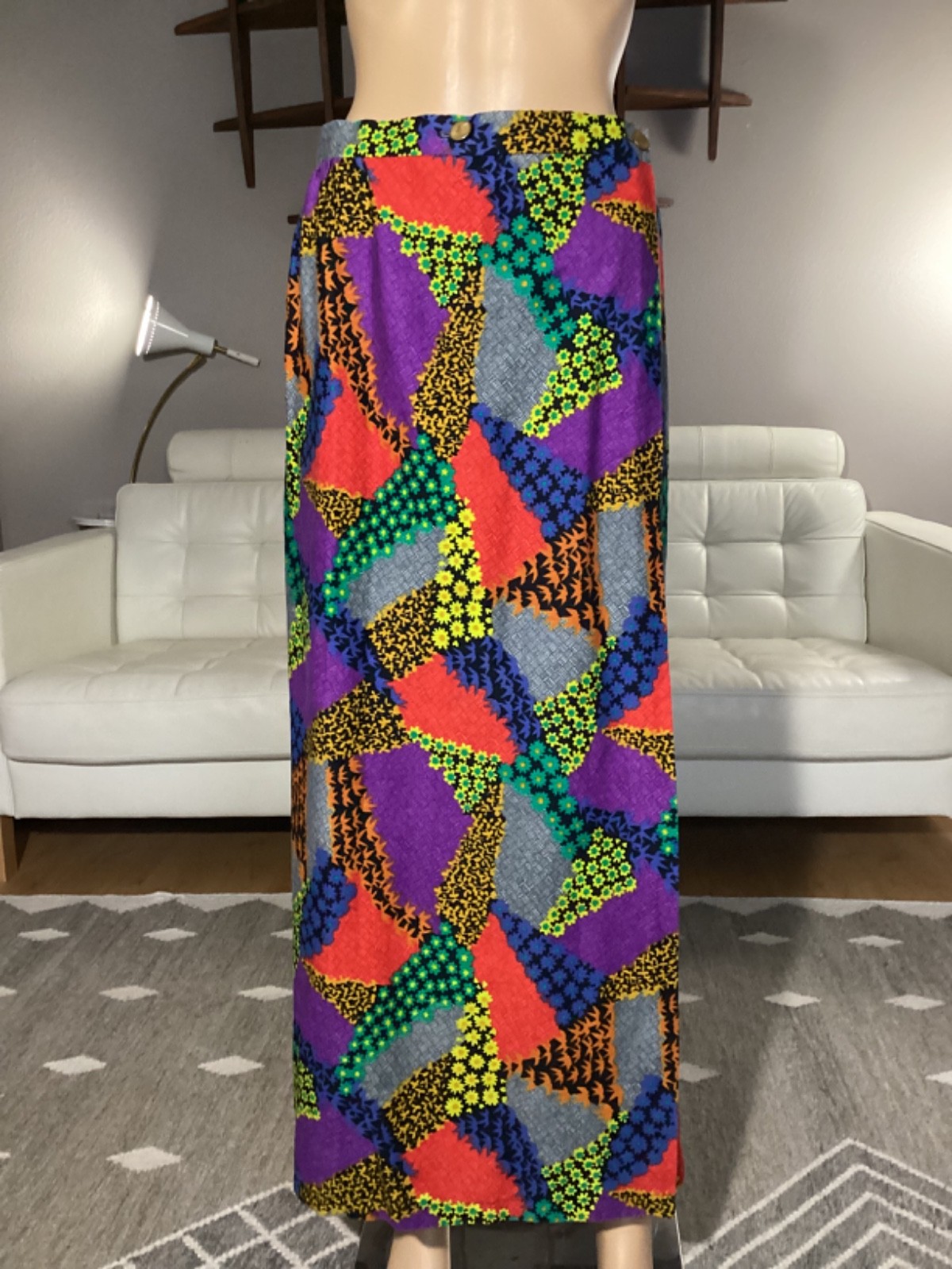 Vintage 60s Flower Power Maxi Skirt Psychedelic Hippie Mod Textured Acrylic