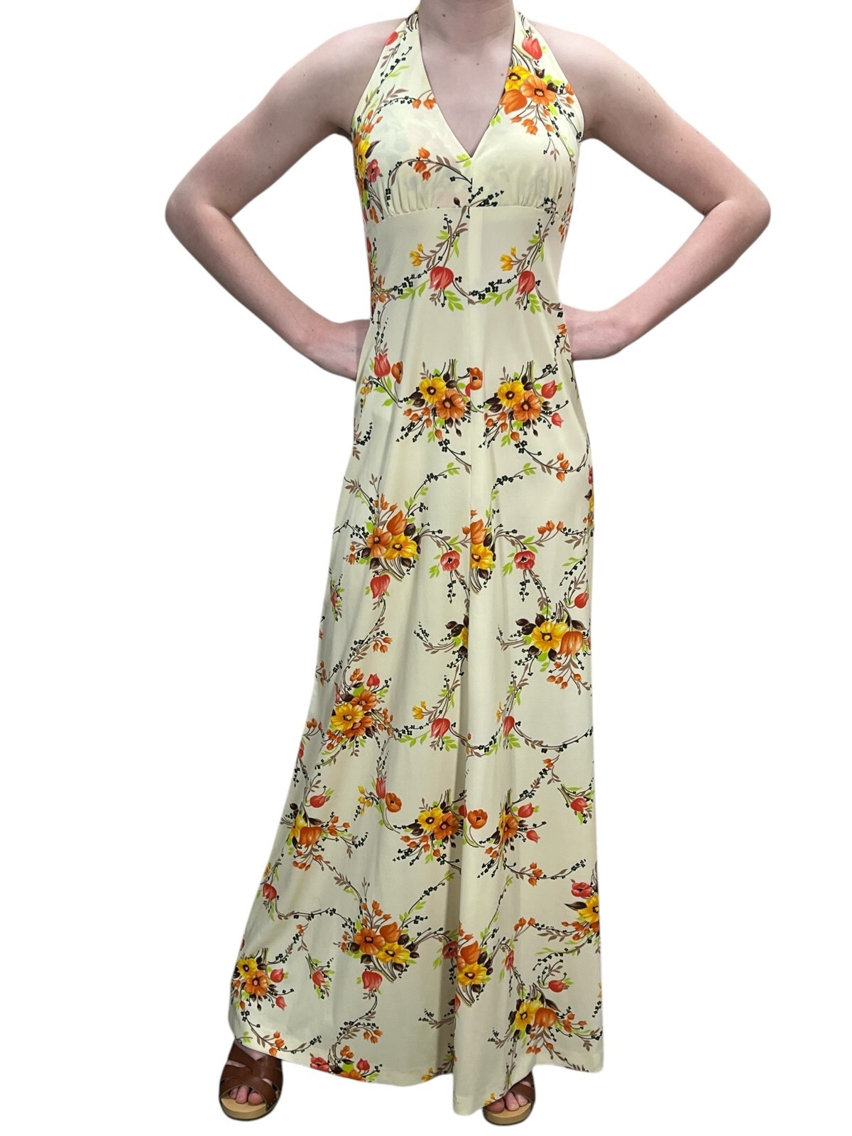 S Vtg 60s 70s Maxi Dress Lined HALTER Open Back ORANGE Floral Flat Knit Boho
