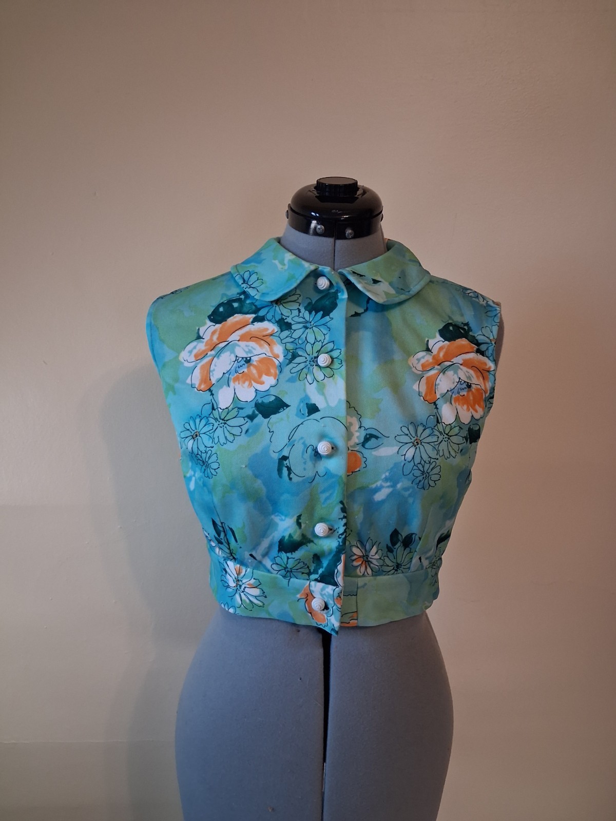 vintage 60s crop top, Floral Button Up Peter Pan Collar Polyester Sz S Disco