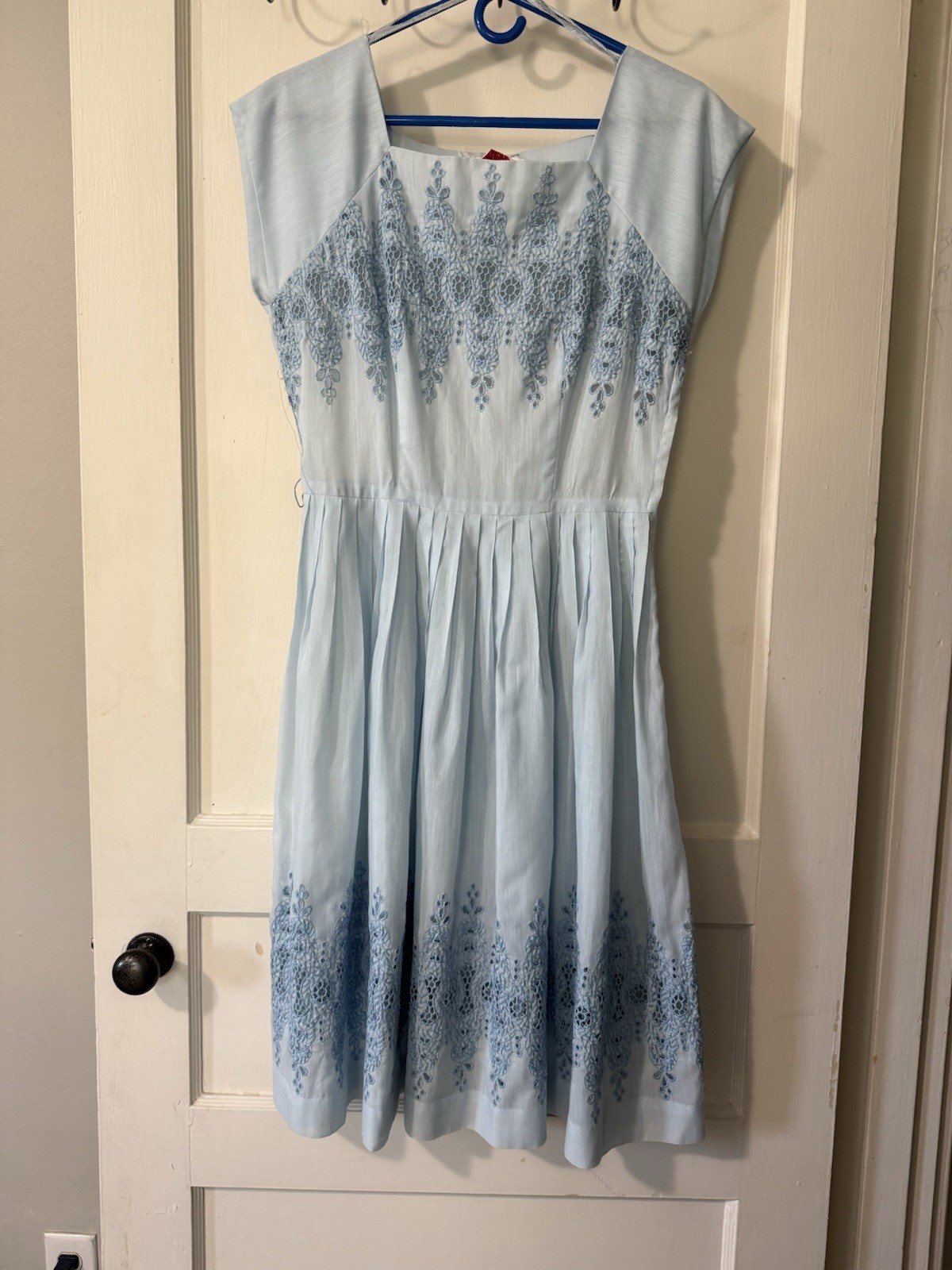Vintage 1950s J. Harlan Originals Light Blue Embroidered Dress Sz 6 Missing Belt