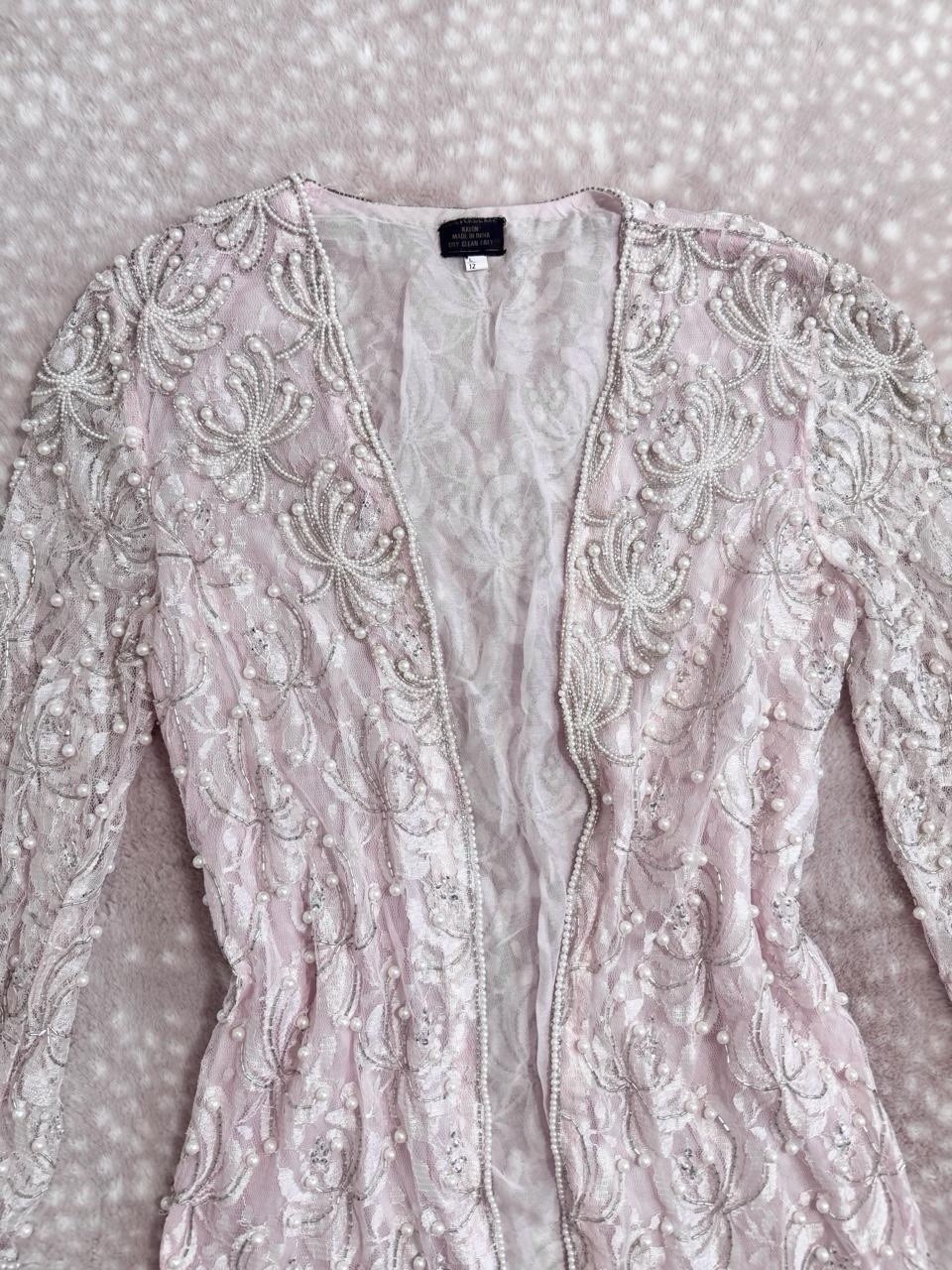 Vintage Y2K Pink White Pearl Beaded Overcoat Jacket Women’s Size Large Sequin