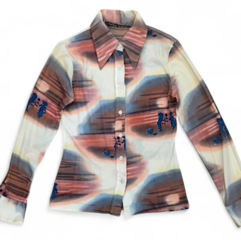 Vintage 1970s Andy’s Juniors Novelty Print Dagger Collar Button Up Blouse
