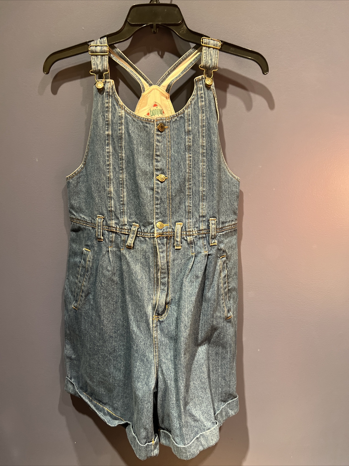 Large Bib 80s BONJOUR denim overall shorts cotton button Romper cuffed pockets