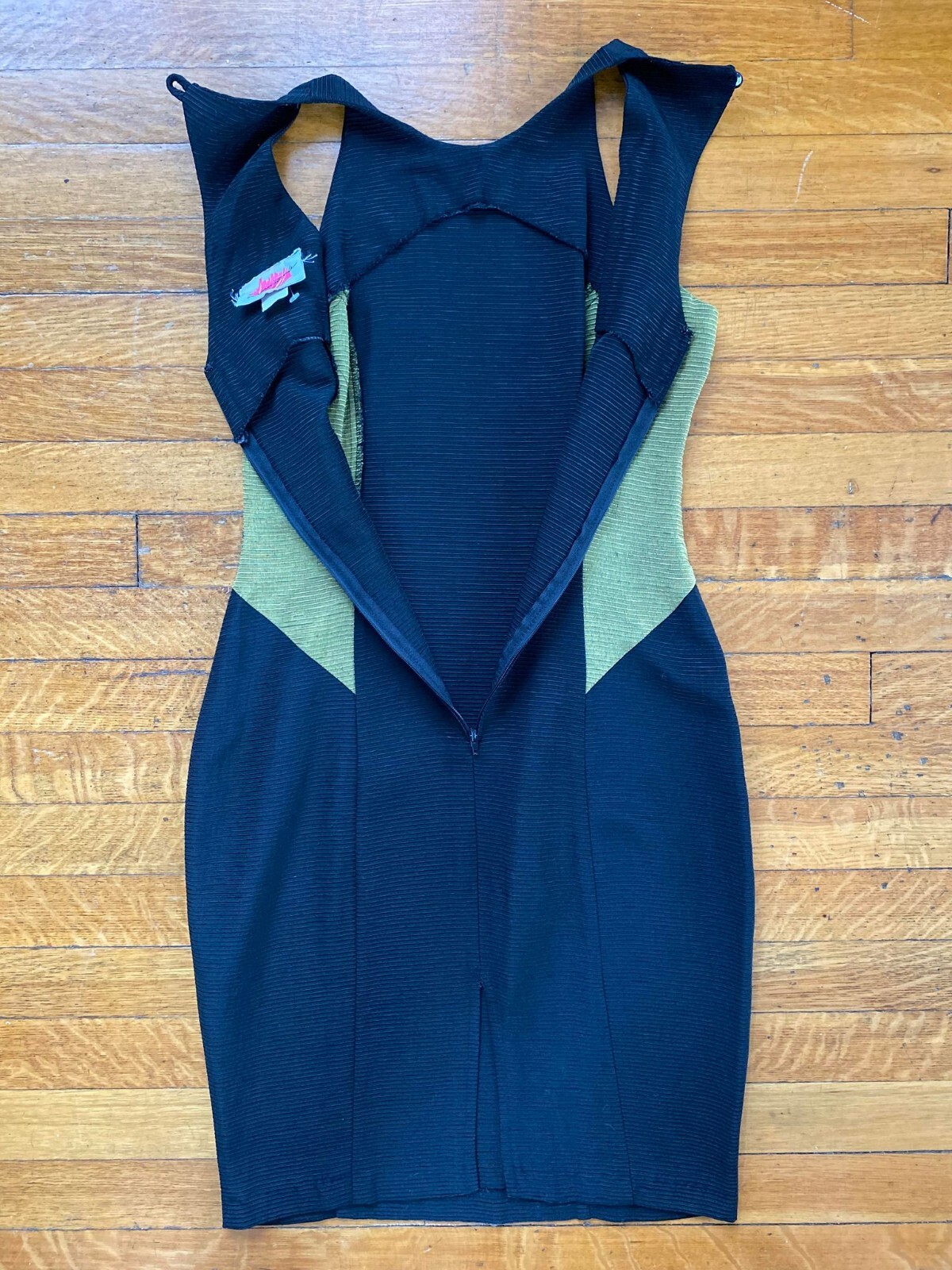 Vintage Early 1990s Black Gold Ribbed Bodycon LBD Cutout Dress