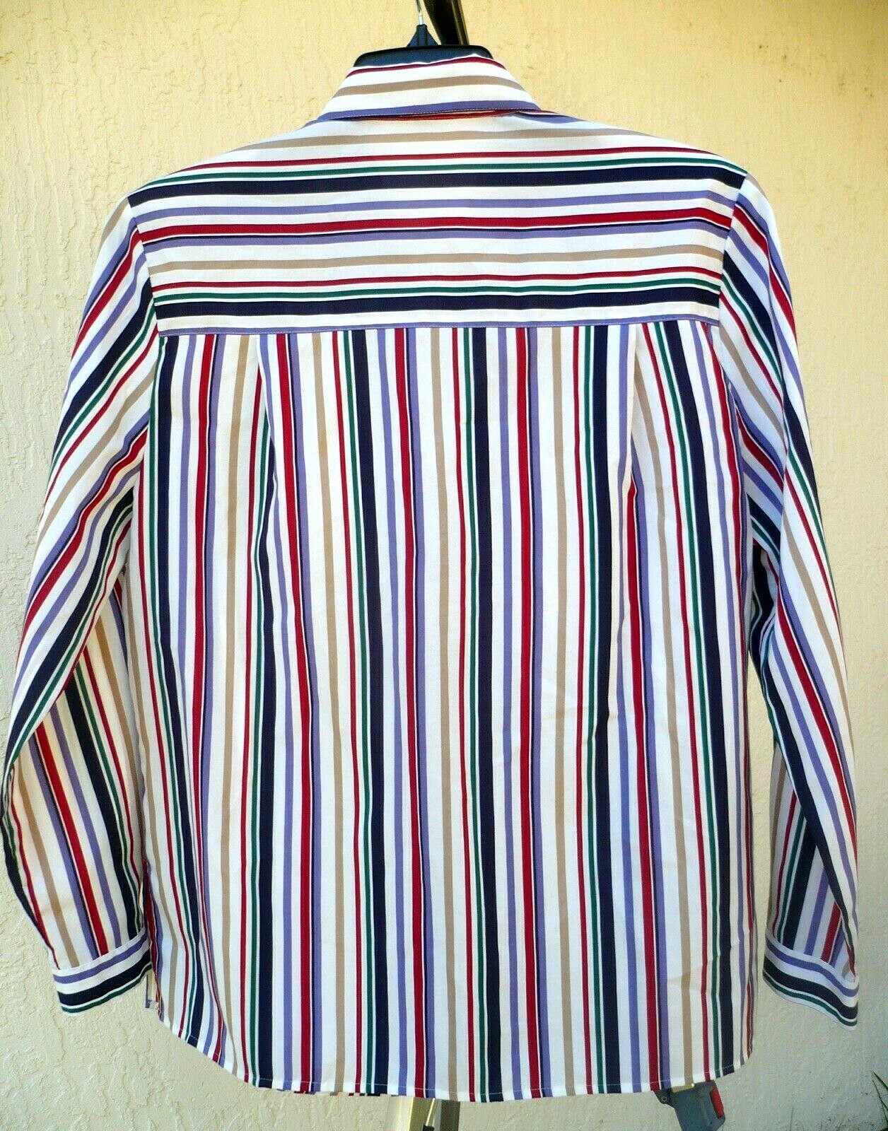 VTG 80S L BUTTON UP COLORFUL RED PURPLE GREEN TAN STRIPED SECRETARY BLOUSE WOMEN