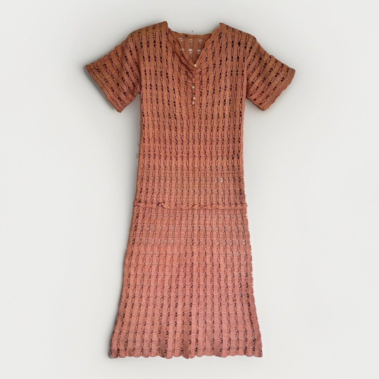 Vintage 1930s 40s Pink Crochet Dress Midi Stretch Art Deco Knit Flapper Sz M