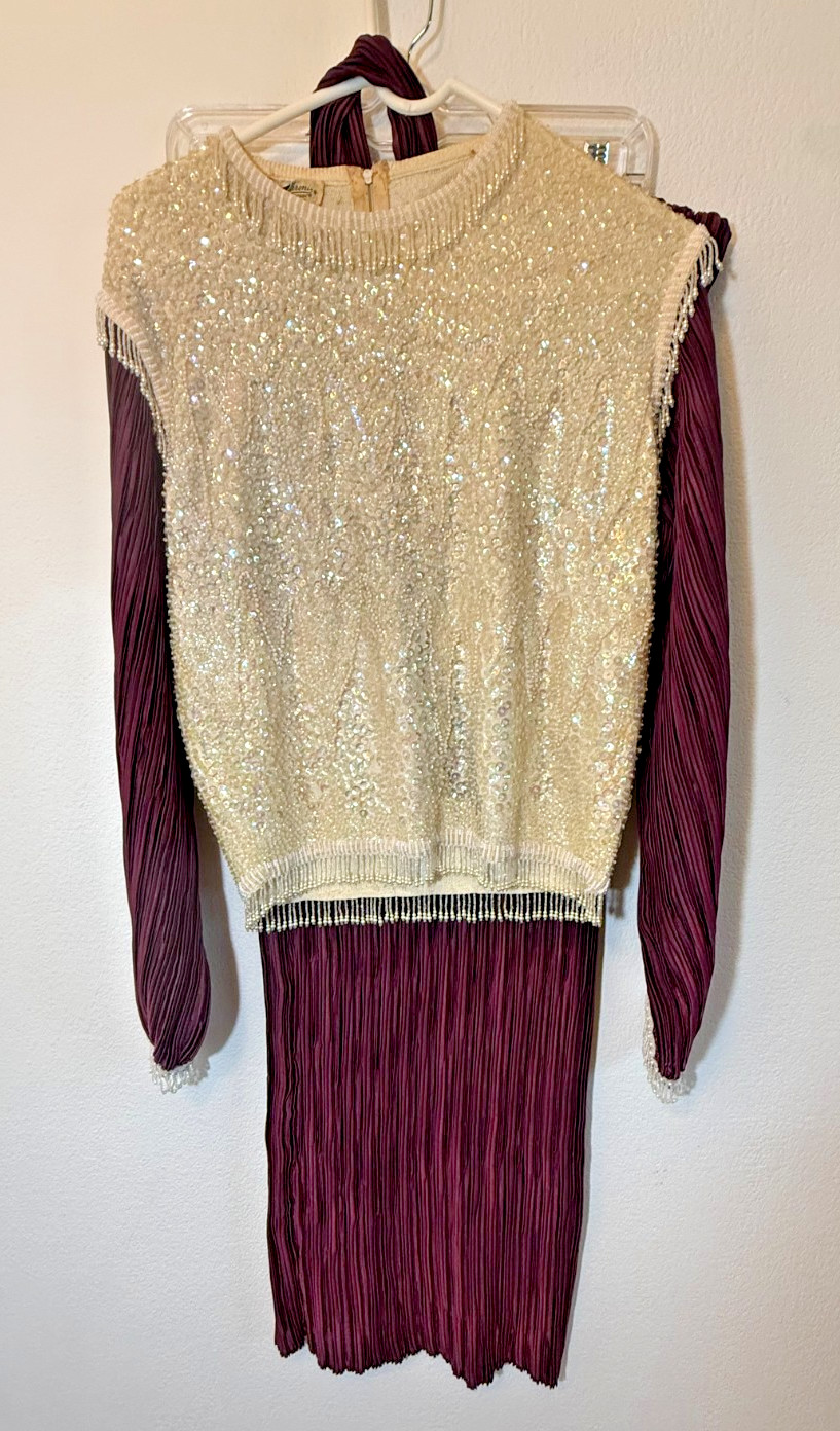 Bucaroni Vintage Beaded Sequin Antron SZ S top w/ Purple sleeves and Skirt 60’s