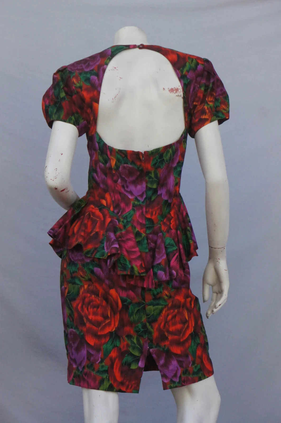Vintage 80s Floral Print Peplum Dress with Open Back By Bugardi Cocktail Dress