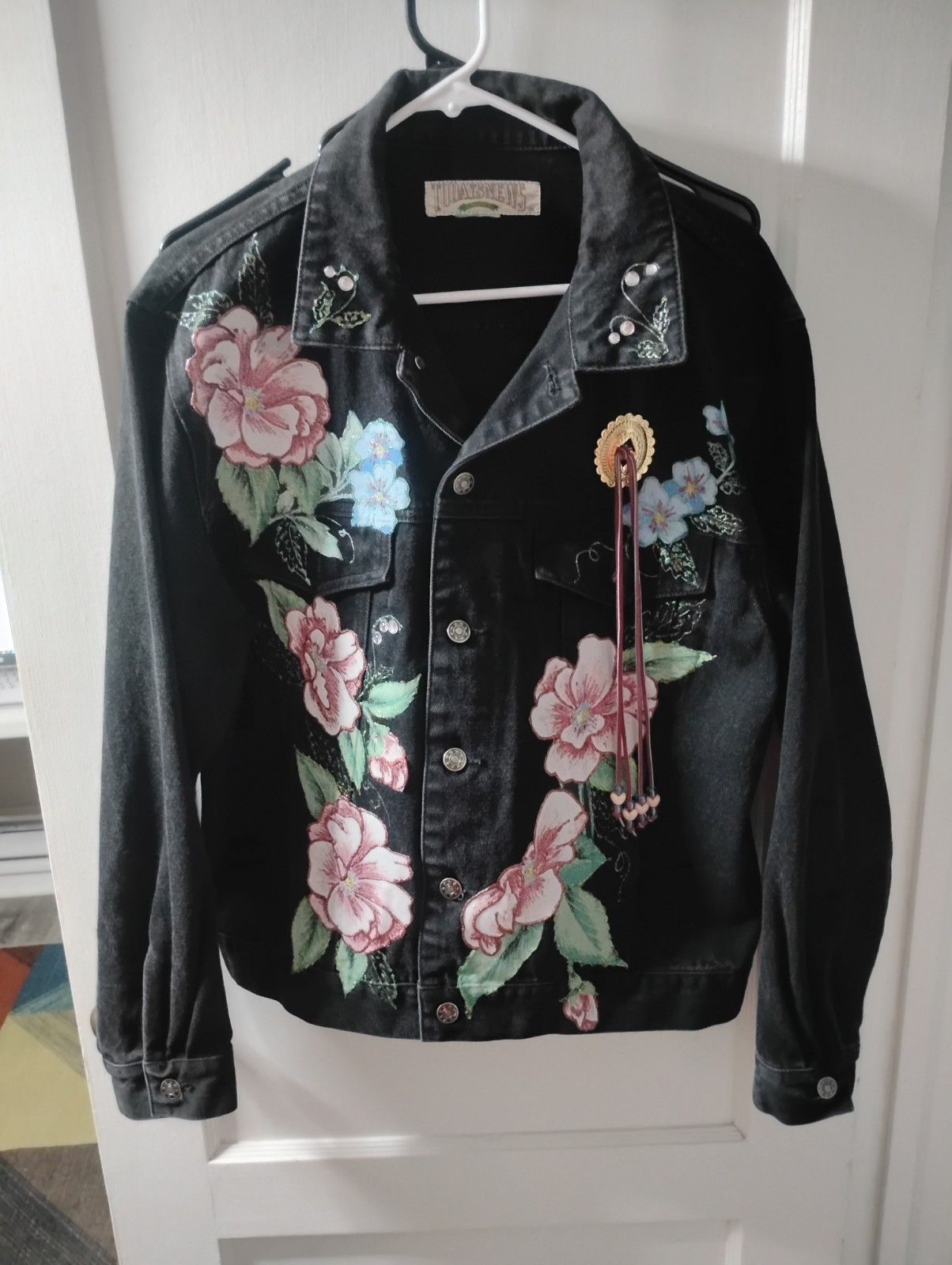 Vintage 80s Todays News Black Denim Jacket Embroidered Floral Rhinestone Concho