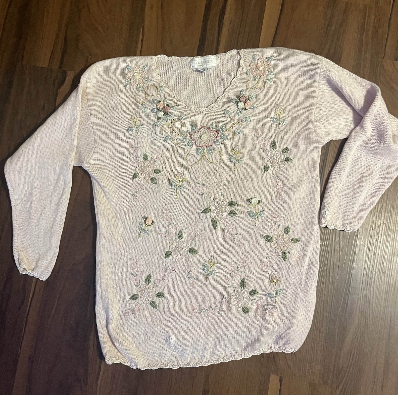 Vintage 1980s Pink Maurada Sweater Ramie/Cotton Beaded Embellished Grandmacore