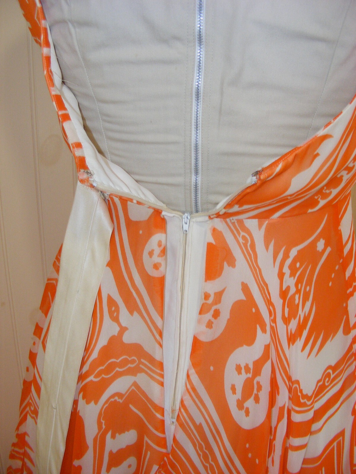 1970 DRESS KIKI HART COUTURE ORANGE WHITE CHIFFON EMPIRE WAIST BALL GOWN SM