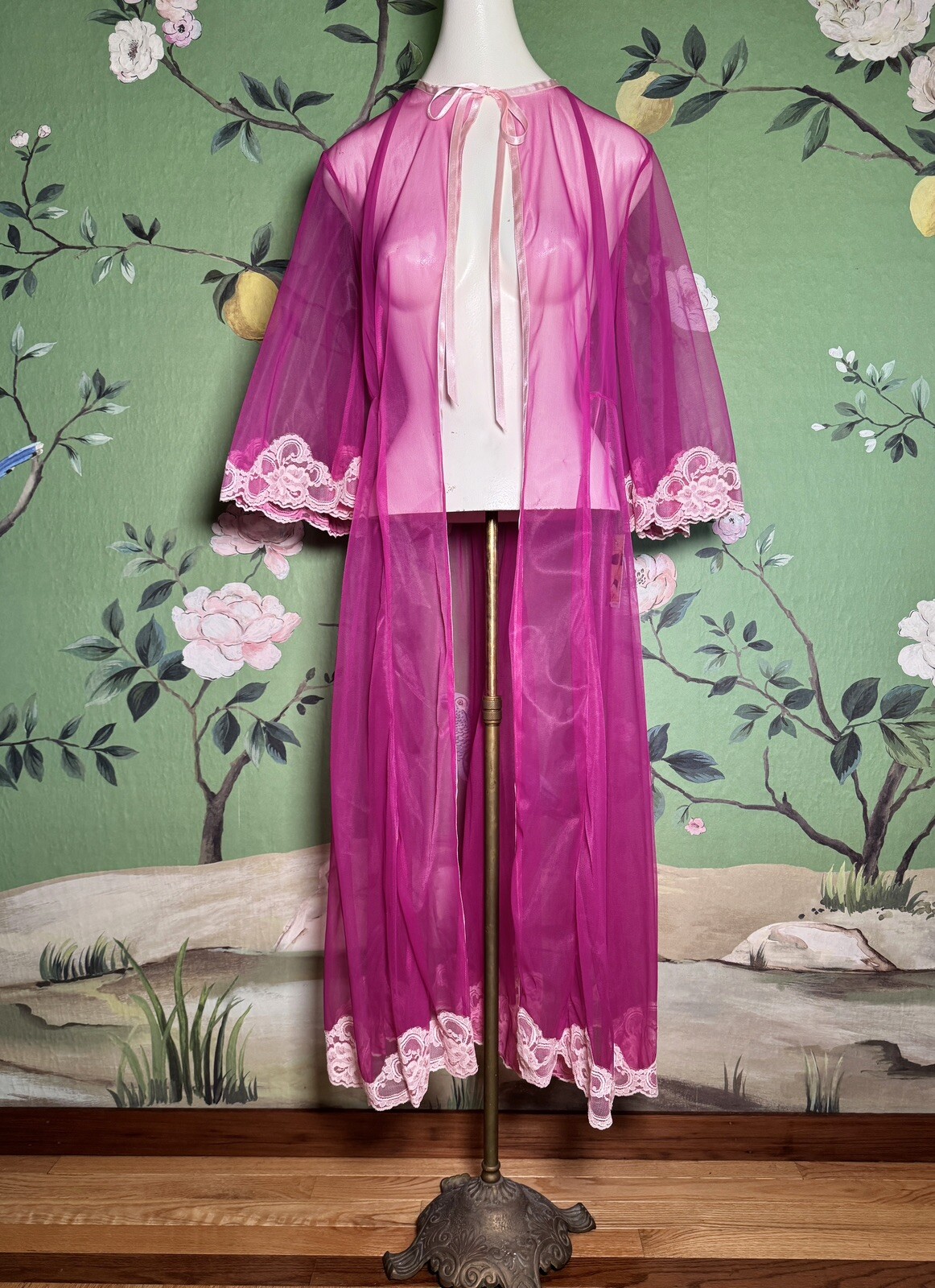 Lucy B Peignoir Pink Vintage 50s 60s Sheer Chiffon Lace Pinup Robe S/M — NWT!