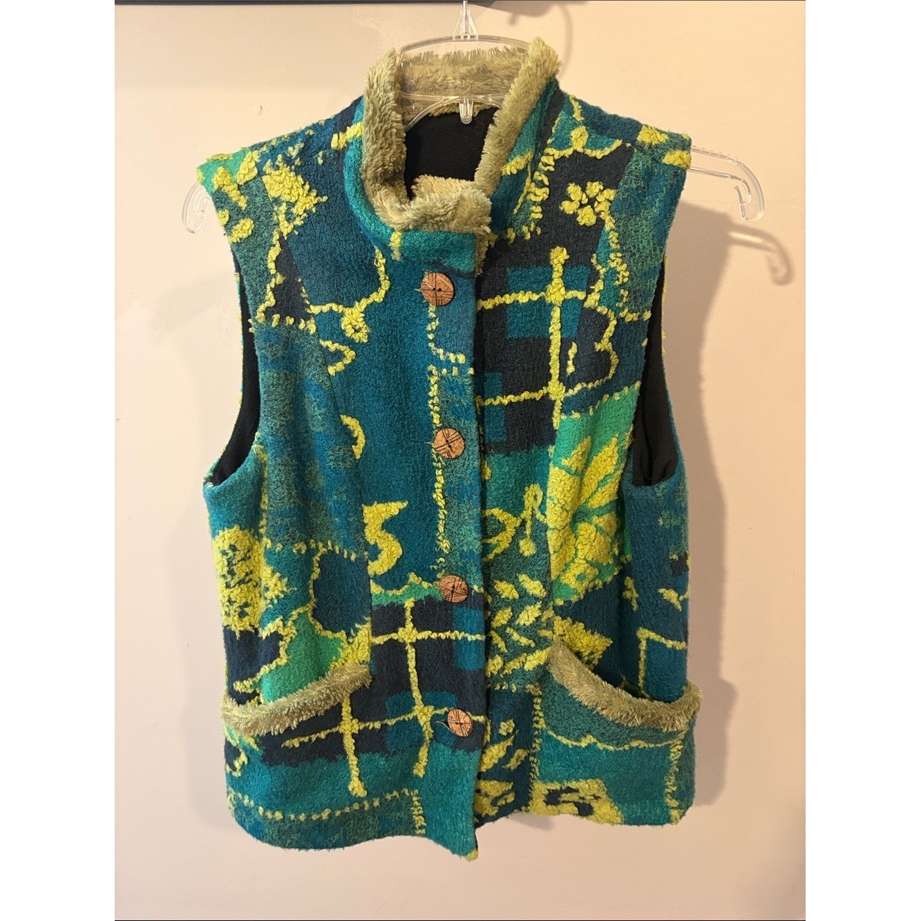 Vintage Wraps by Canvasbacks Artsy Abstract Vest Teal Green Boho Art to Wear