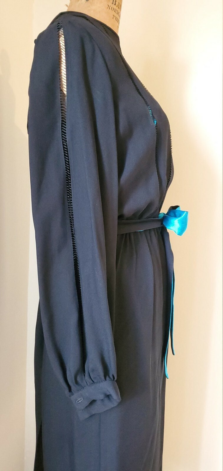 Vintage 1970’s Dress 70’s David Morris Black Teal Blue Dress ILGWU
