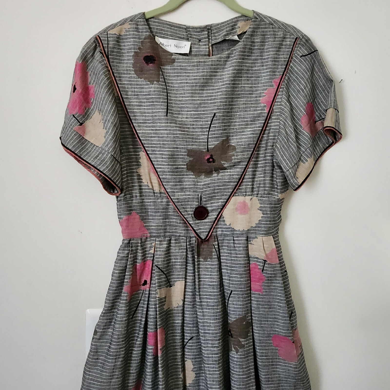 Vintage Albert Nipon Linen Cotton Gray Striped Floral Prints Dress 4 Pockets