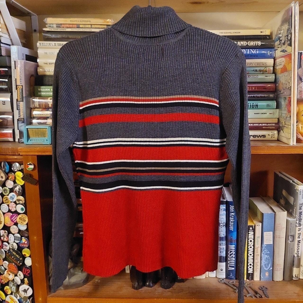 Vintage striped red, grey, and black long sleeve turtle neck sweater.