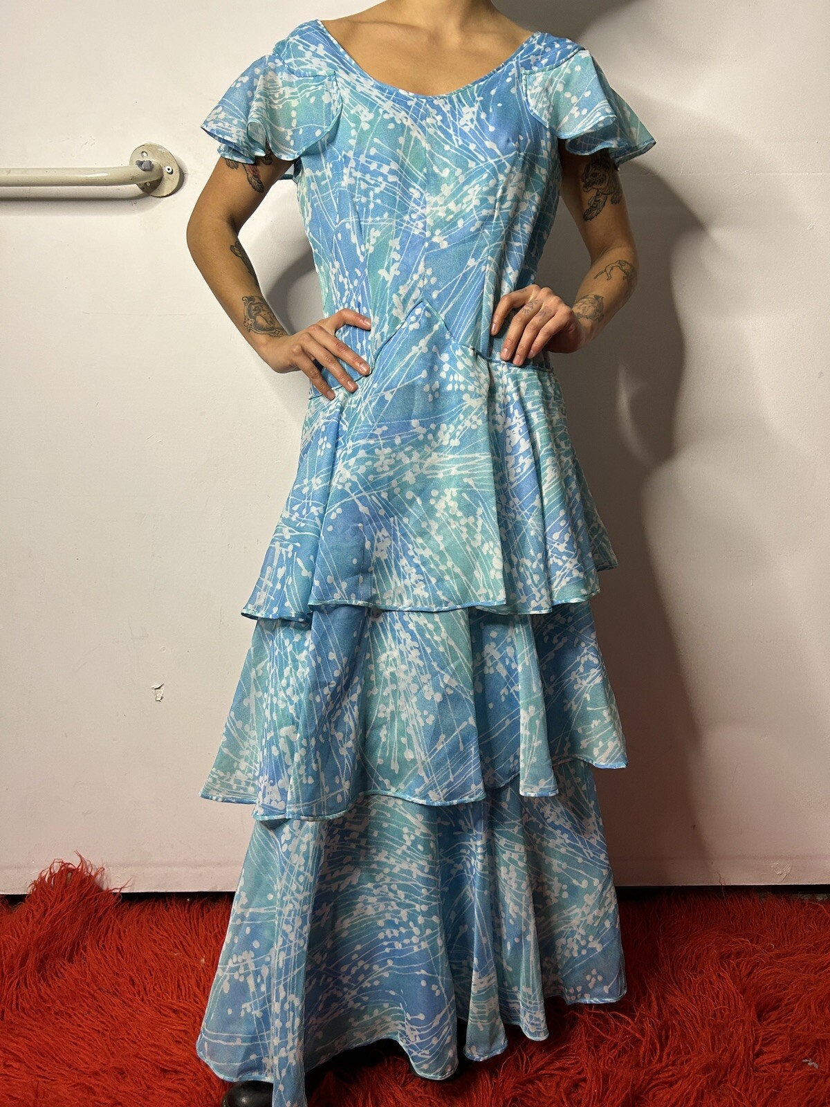 Vintage 1950s 1960s Handmade Tiered Gown Dress Blue Nylon Flutter Sleeves AU 8