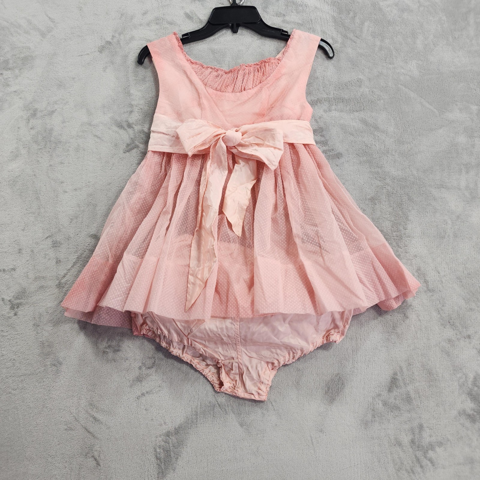 Vintage Lingerie Set Women XS Pink Swiss Dot Babydoll Nightie Bow Ruffle Bloomer
