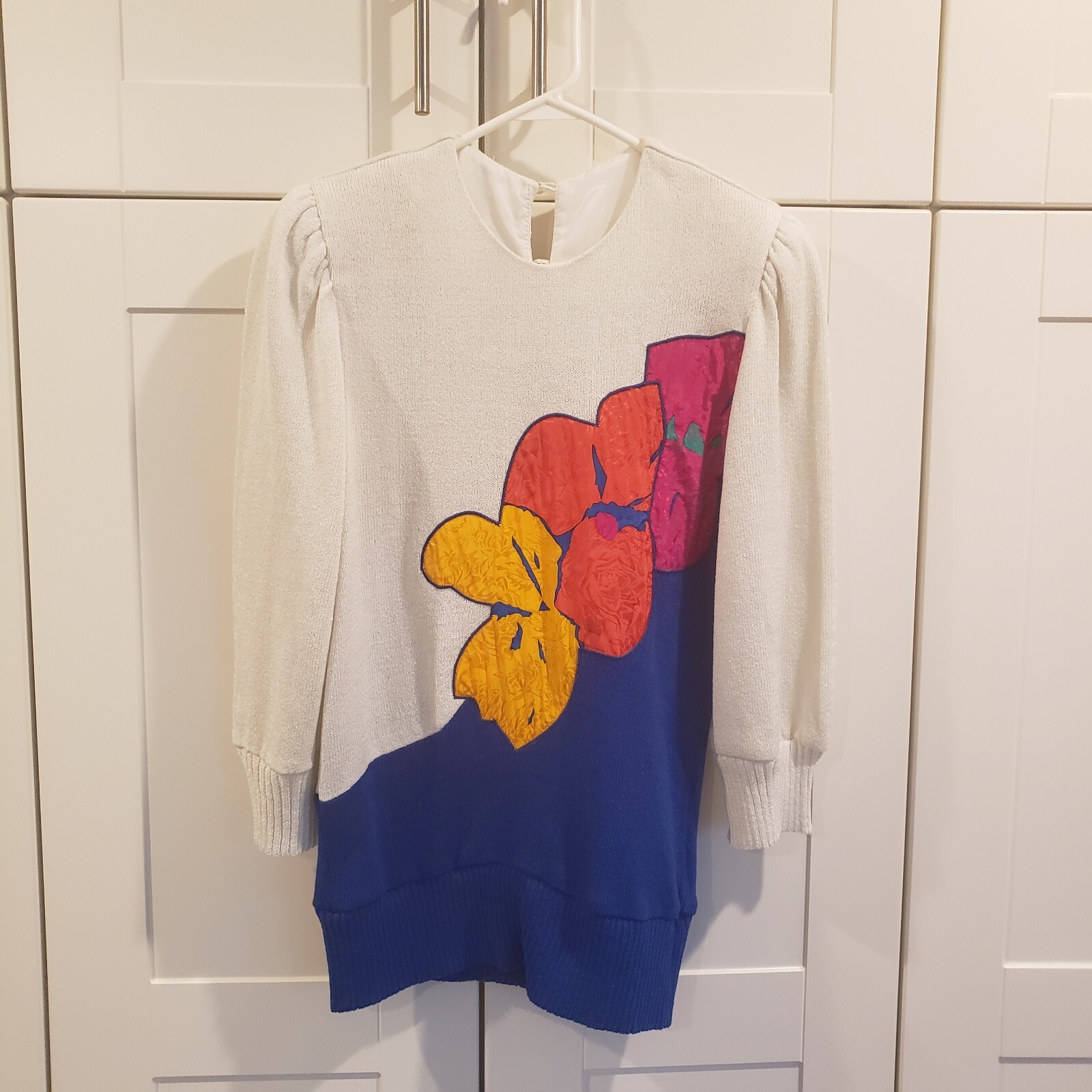 VTG Anthony Sicari Sz 12 80s Sweater Color Block Flowers Blue Red Pink White USA