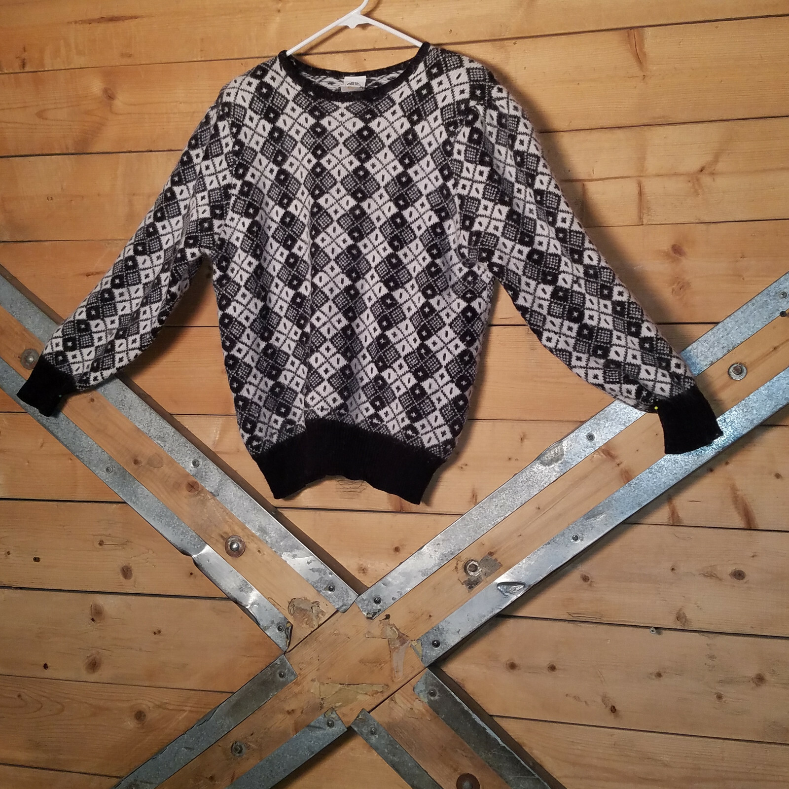 Large Black and White Sweater with Diamond Pattern by Golden Gate – Swanky Barn