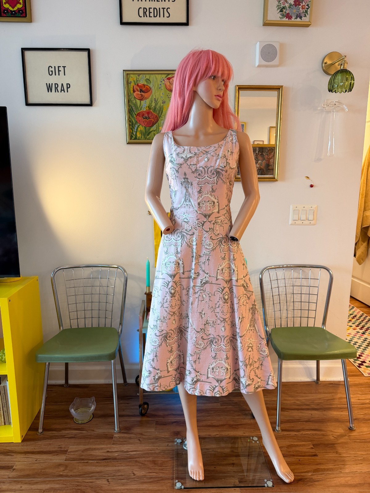 🎀 Vintage Mr Mort Pink Baroque Toile Fit & Flare Dress Full Skirt Cotton L