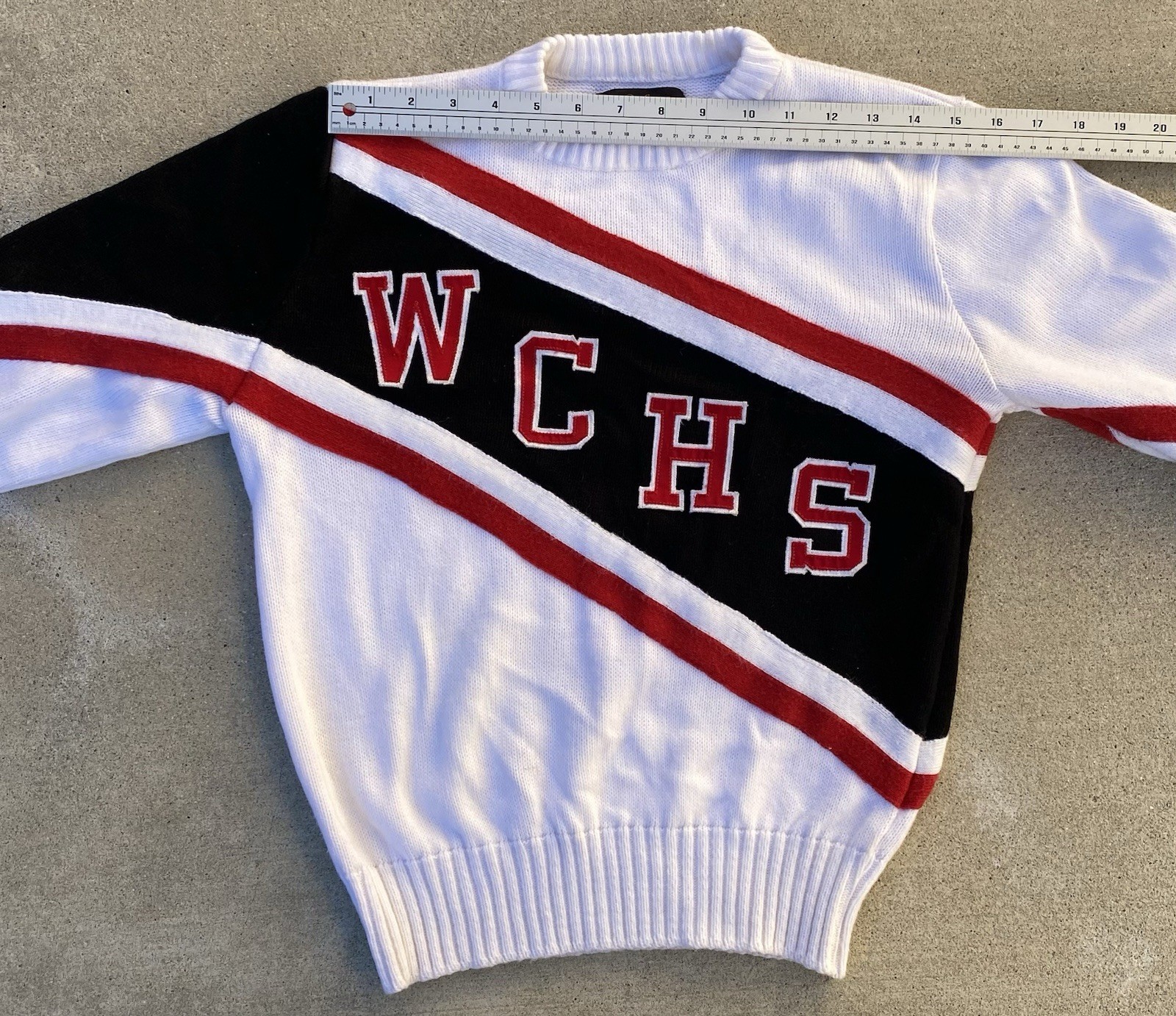 Vintage 80s Dehen Cheerleader Sweater WCHS White Black Red Acrylic Knit Size M