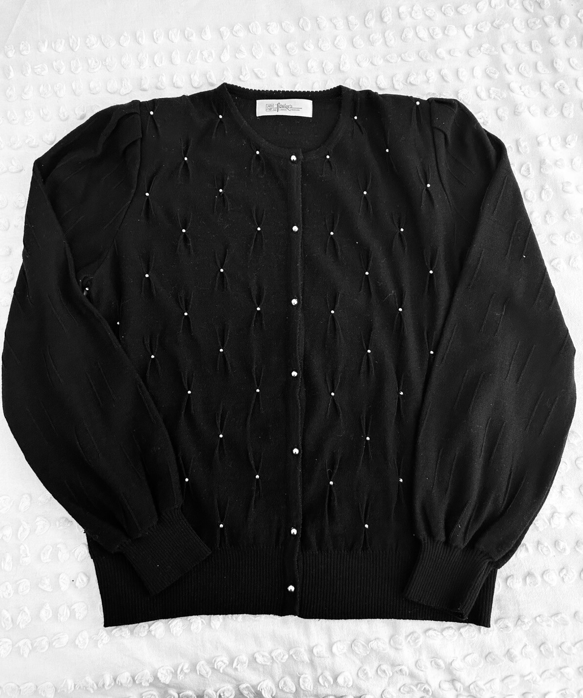 Vintage 1980’s Black Gold Button & Beads Cardigan Padded Shoulders Size Sm EUC