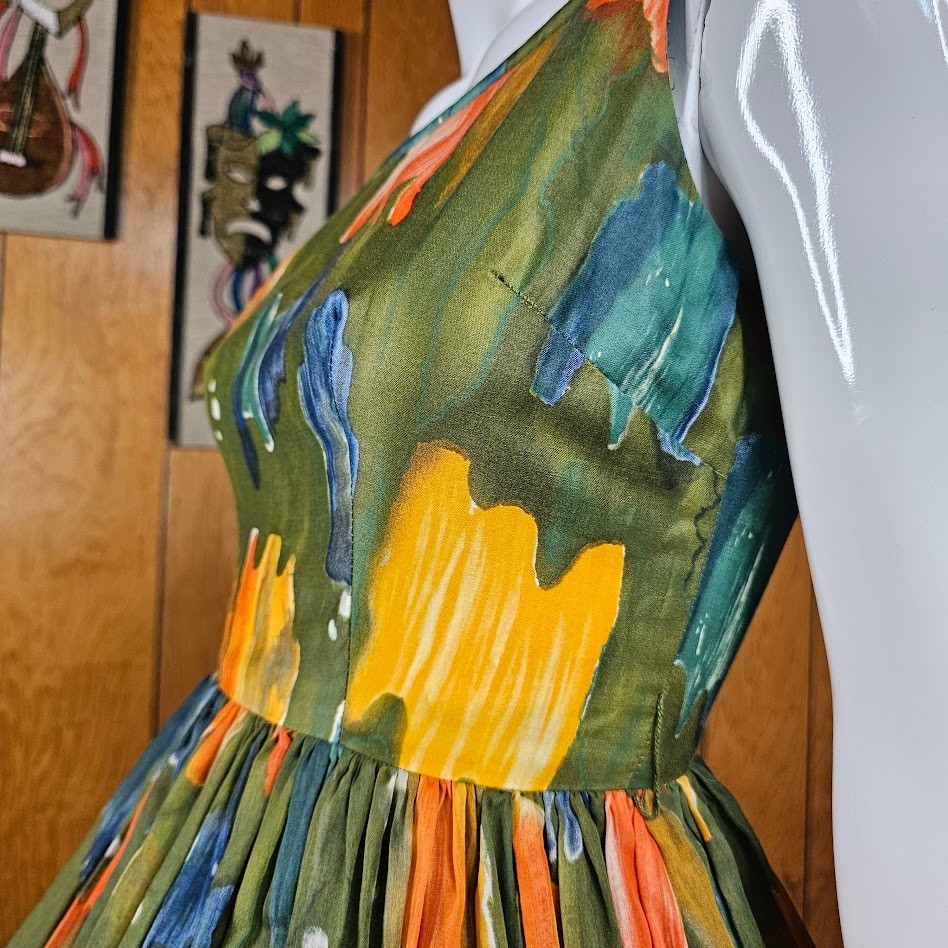 Vtg 50s Novelty Olive Paint Splatter Voile Circle Skirt Party Prom Dress XS/S P