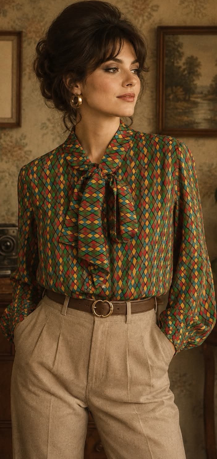 Vintage Multicolor Geometric Pattern Bow Tie Neck Blouse size M-L