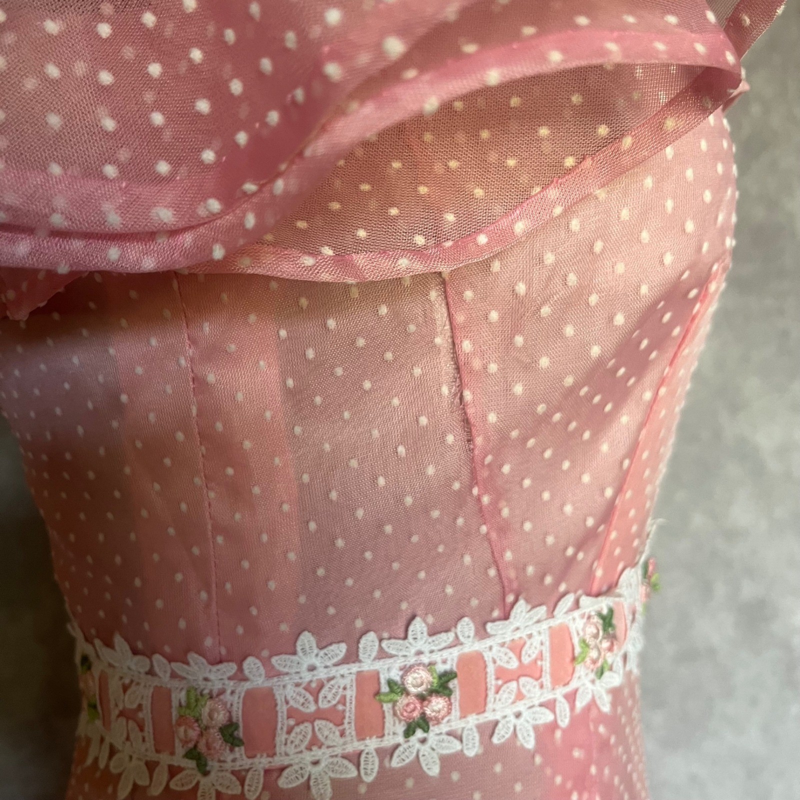 Vtg 50s 60s Pink Maxi Dress S Dotted Swiss Overlay Floral Lace Caped Gown MCM
