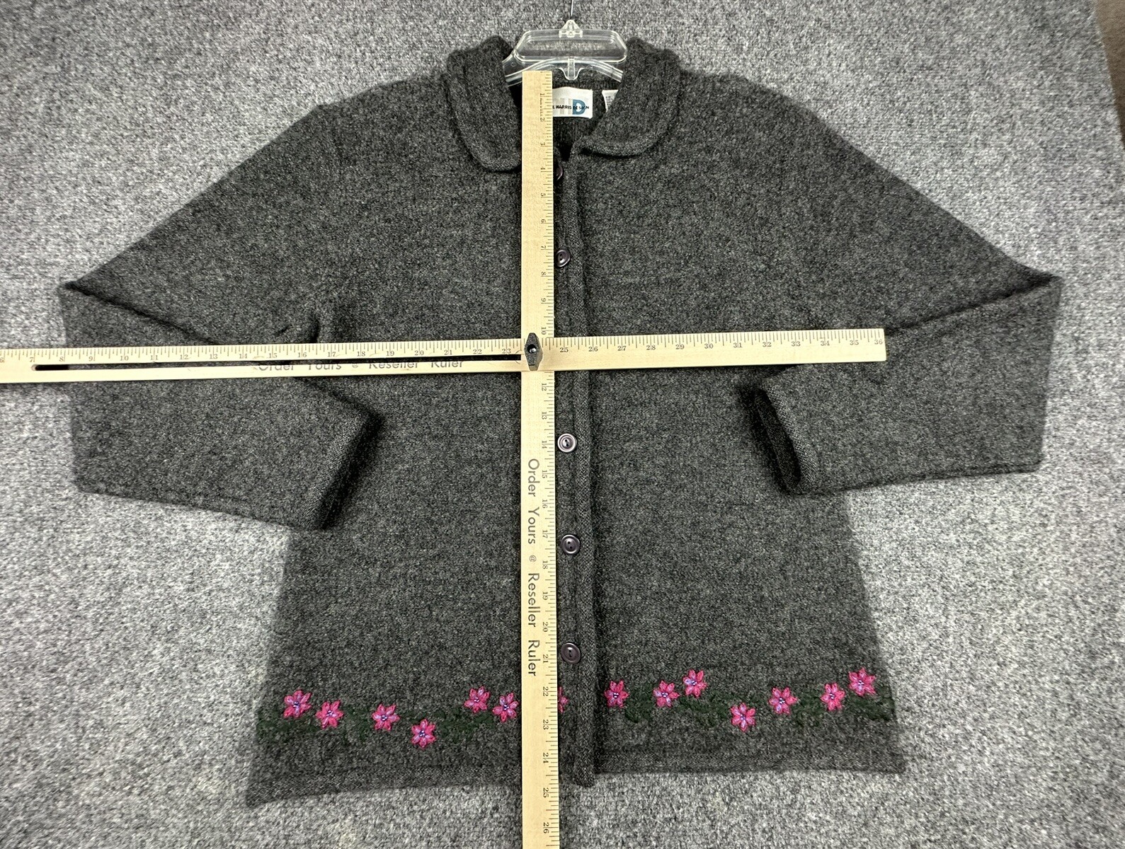 Vtg Paul Harris Design Women’s Wool Sweater Jacket Floral Beeded Gray Cardigan
