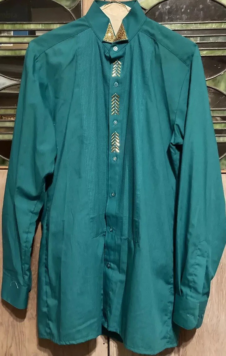 80s Vintage Green Gold Adorned Western Sz S Tux Collar Shirt Button Down EUC