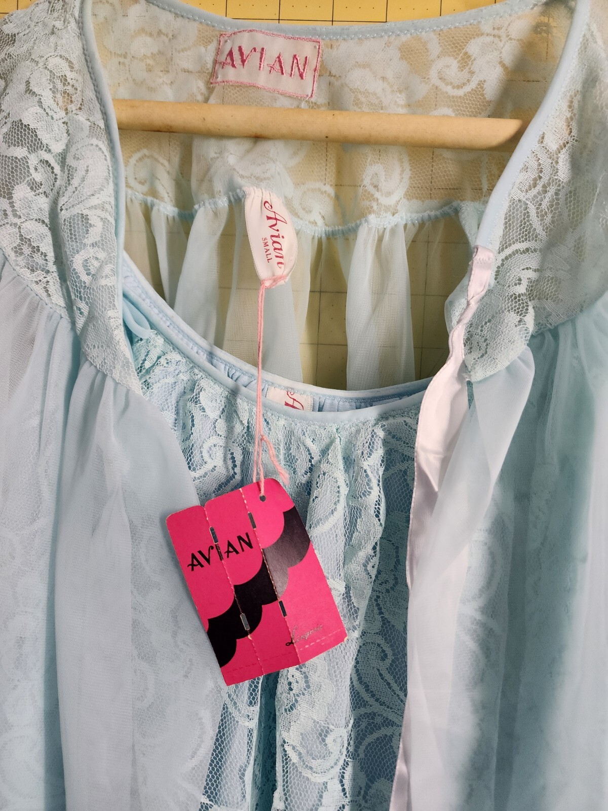 Avian Light Blue Peignoir Set Nightgown Robe Floral Lace Nylon Sz Small NWT
