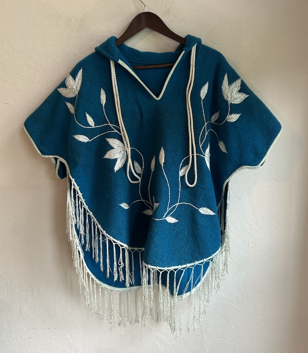Vintage 70s Embroidered Felted Wool Poncho Cape Fringe Bohemian Fairy Folk Teal