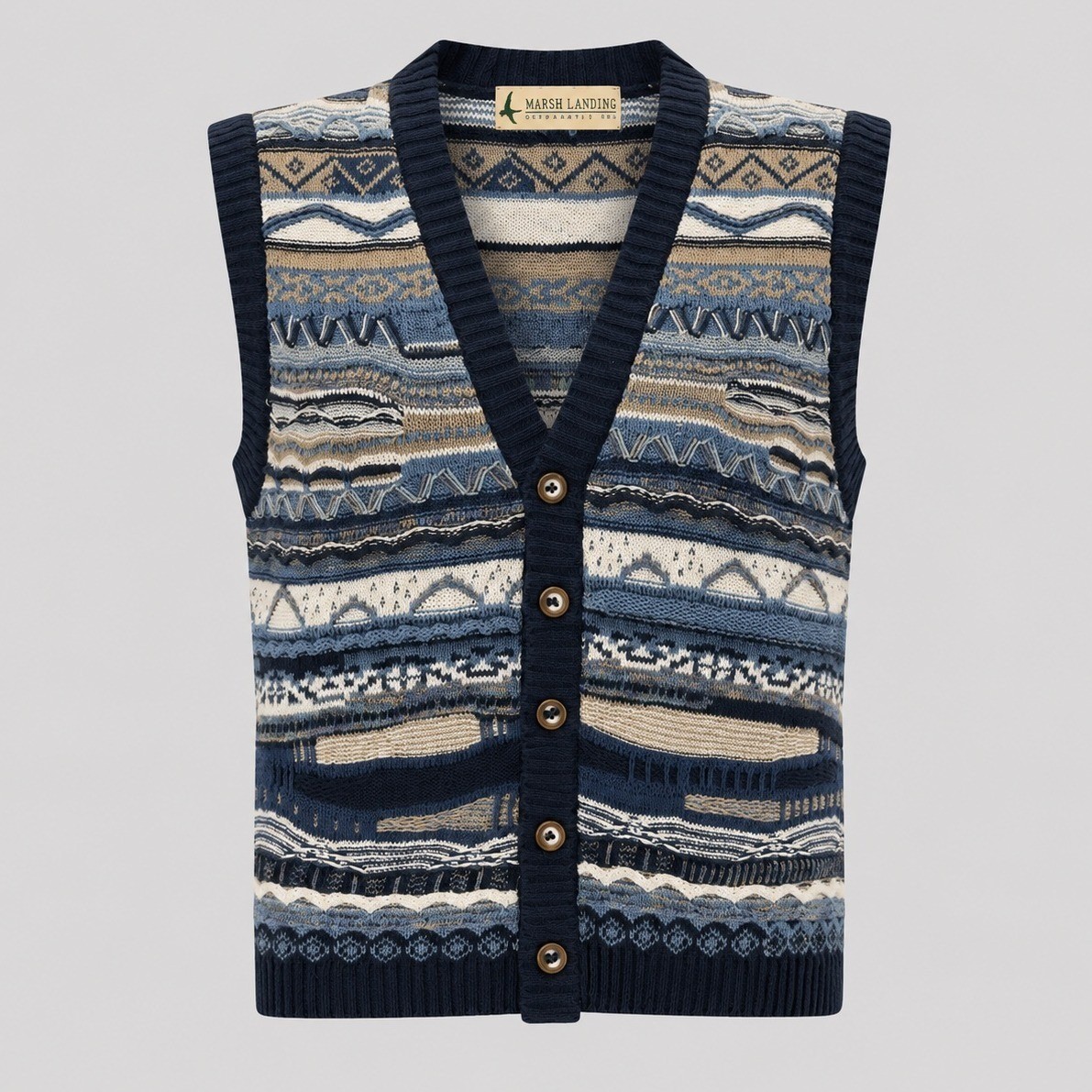 Marsh Landing Vintage 3D Textured Knit Sweater Vest Blue Geometric Womans S NWT