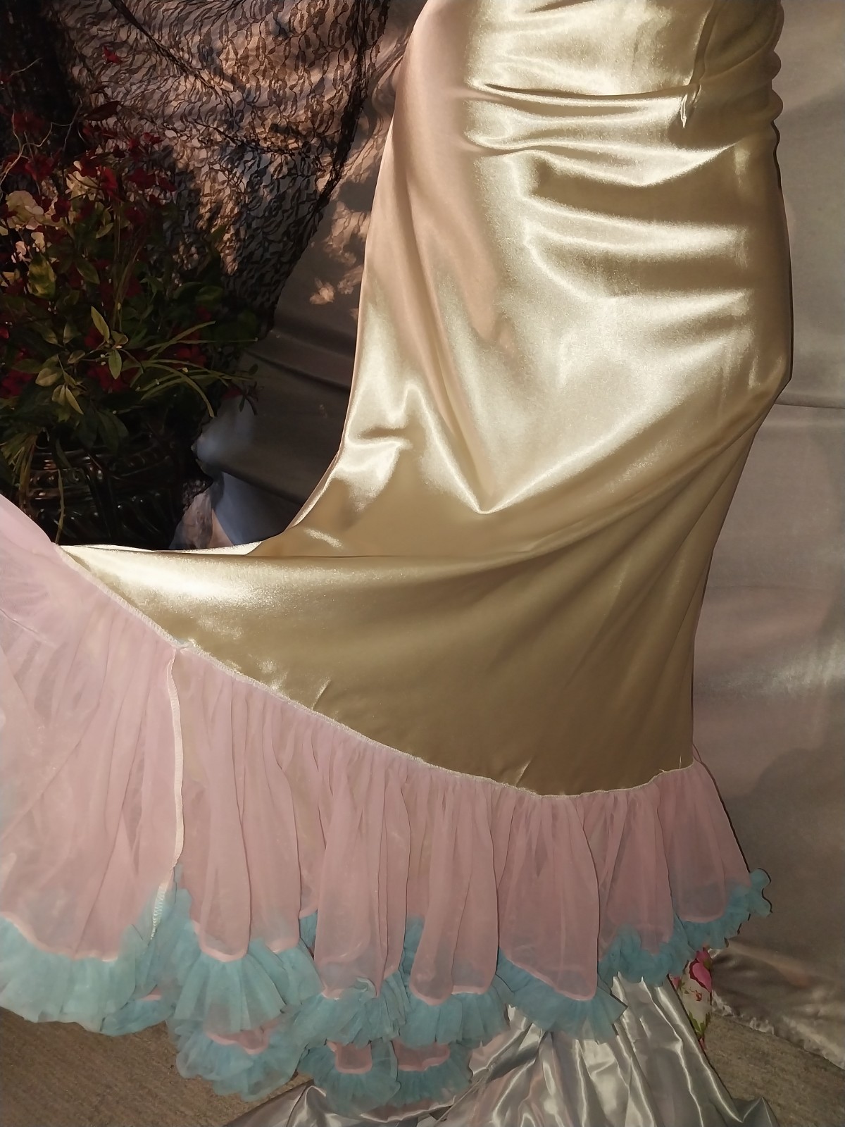VTG SILKY CHIFFON PINK Gold Big Tall Full Figure Plus SATIN SHINY HALF SLIP