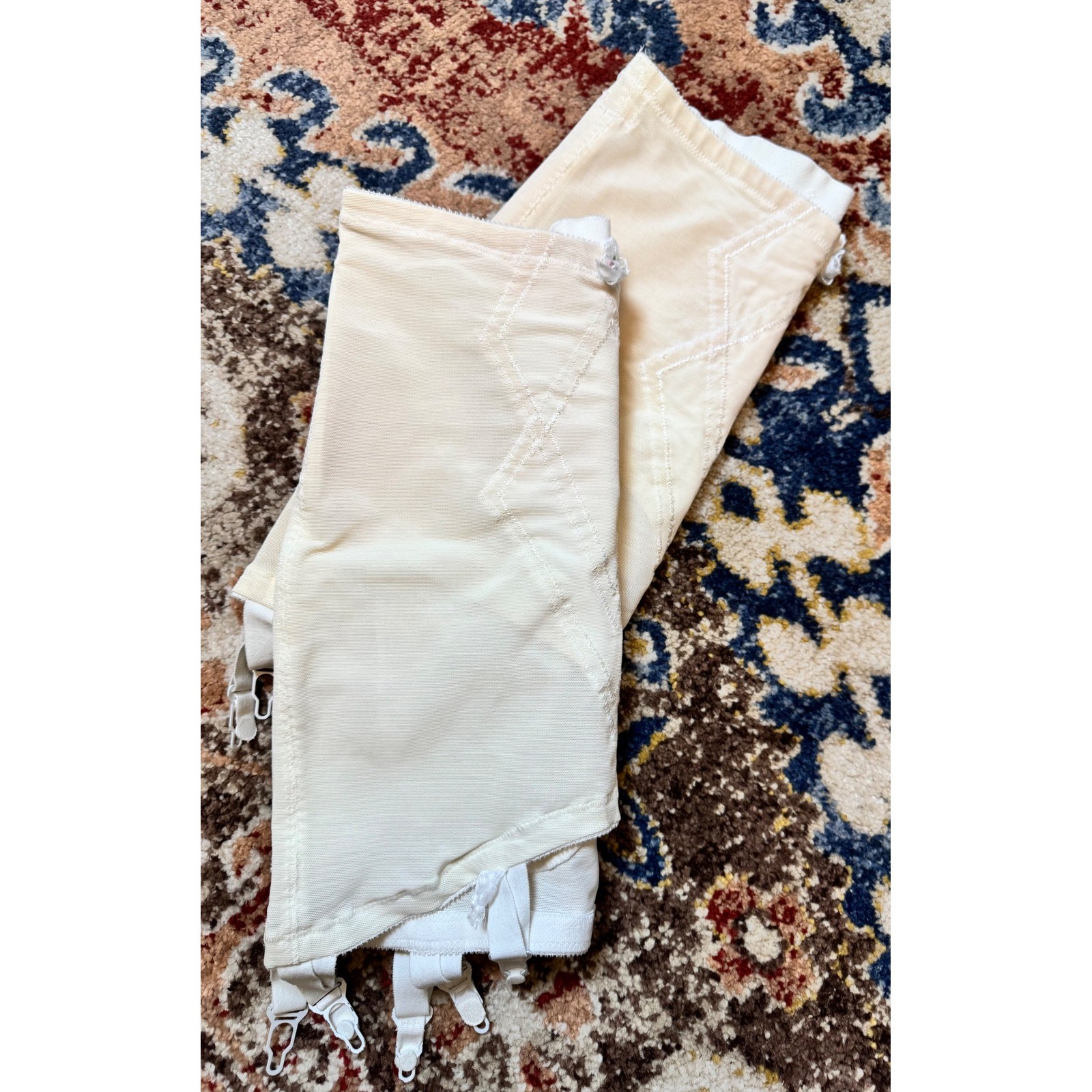 Vintage High Waisted Girdle Set Cream Diamond Stitch Garter Clips Large 29/30