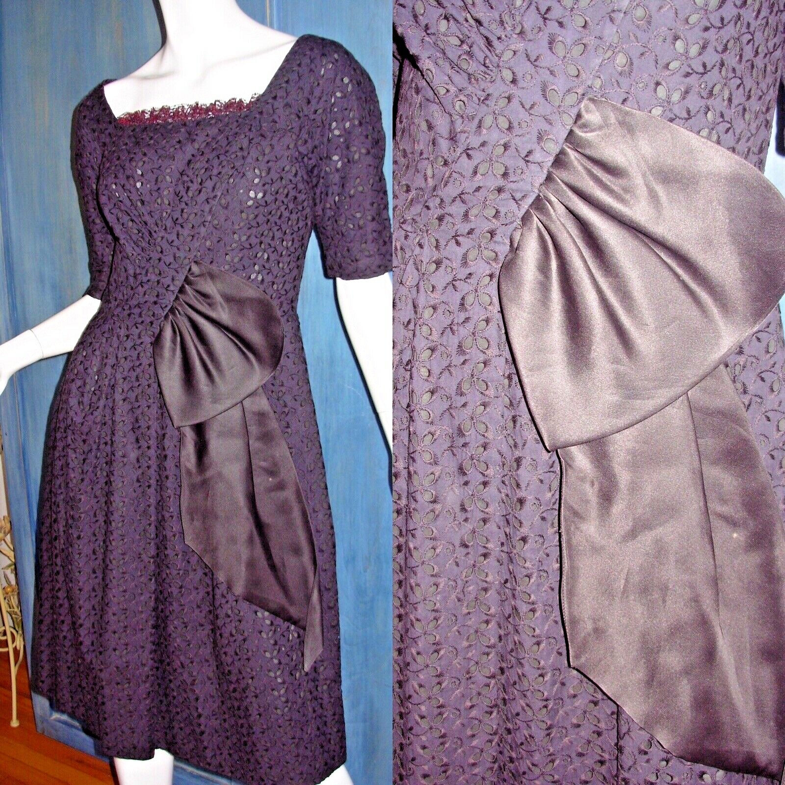Dress M Vtg 50s Black EYELET Ruffle LACE GIANT BOW Rockabilly GOTHIC PINUP Siren