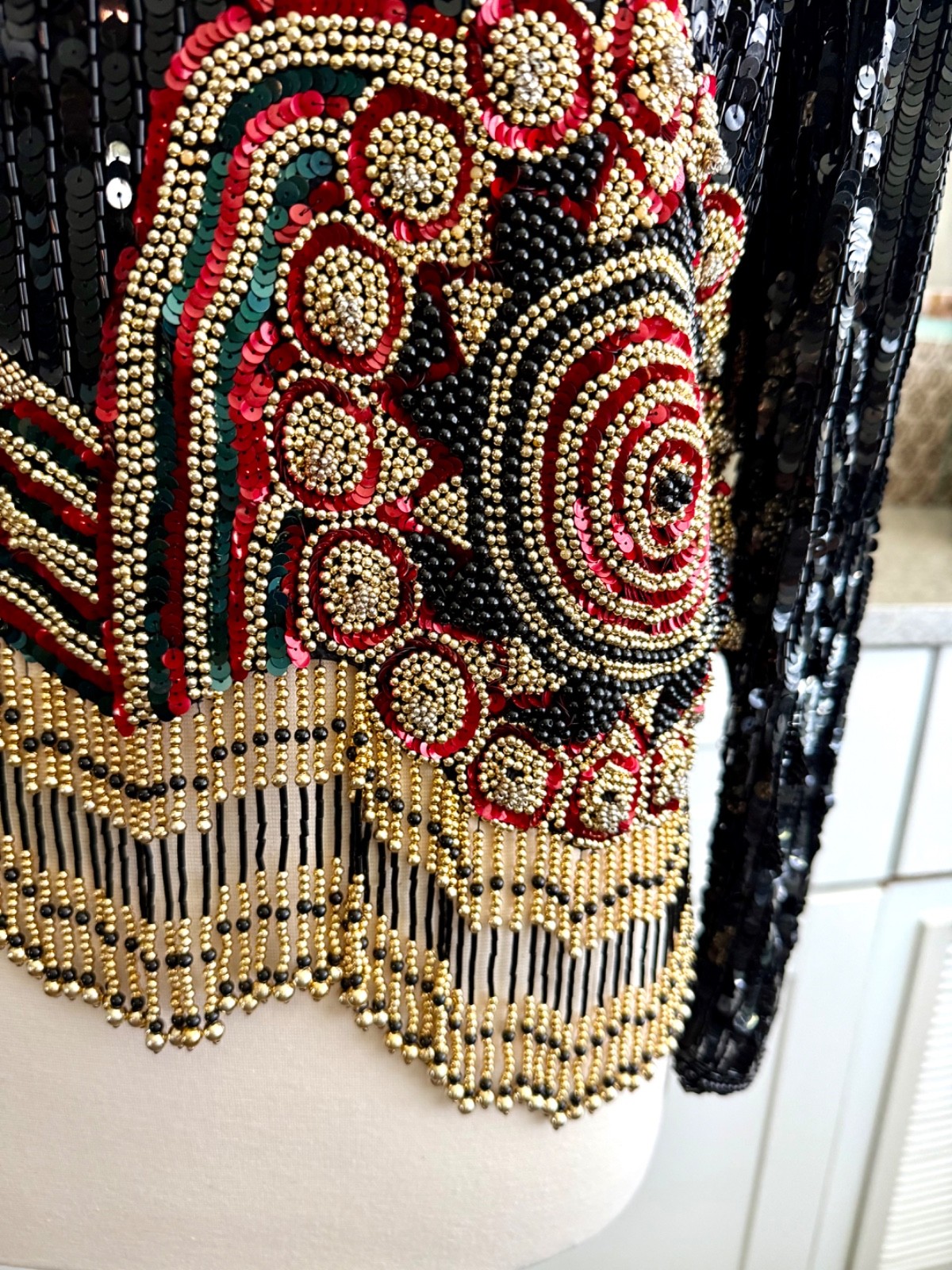 Vintage 80’s Niteline Beaded & Sequin Top Fringe sz S Black Gold Red