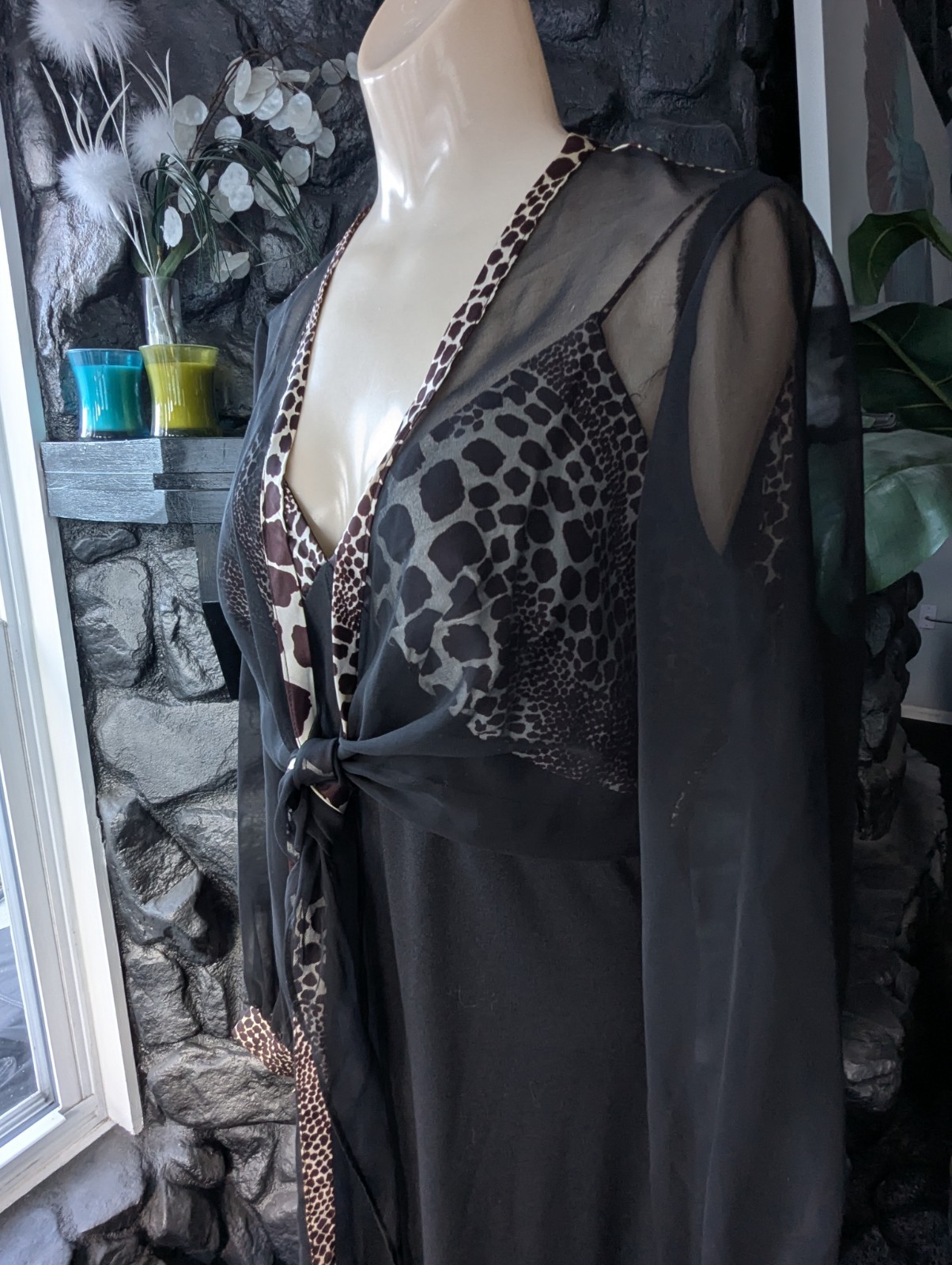 Vtg 70s Juniors Black and Animal Print Jumpsuit Bolero w/ Sheer Sleeves Sz 13/14