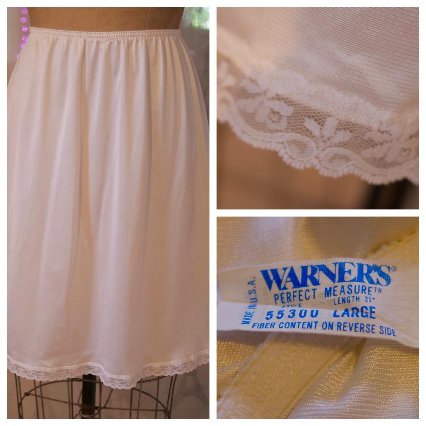 Vintage WARNERS Perfect Measure White Half Slip Skirt Petticoat LACE USA Nylon L