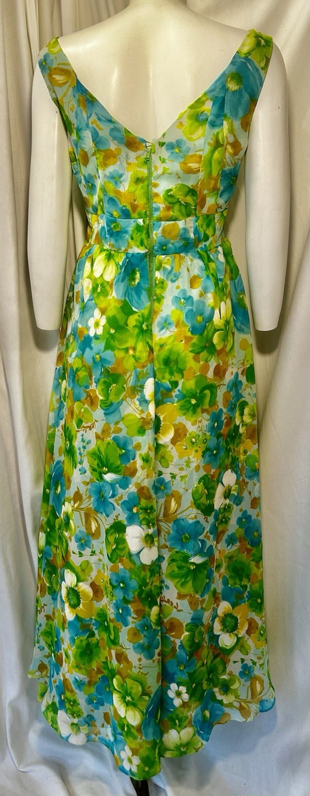 Vtg 60s 70s Goddess Hostess Fairy Floral Watercolor Gauzy Chiffon Maxi Dress