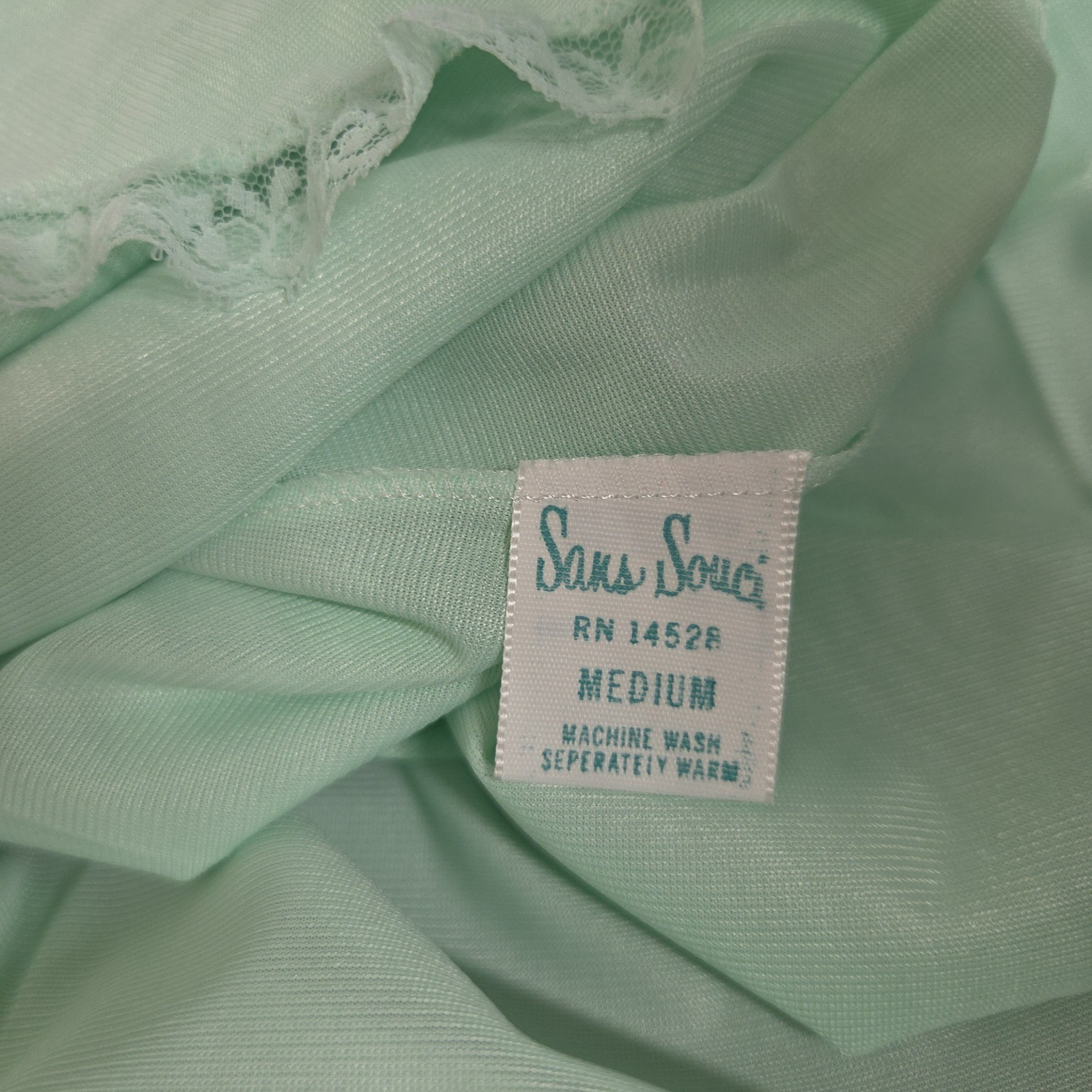 Vtg 70s San Souci Pastel Mint Green Lace Trim Nylon Mini Nightgown M Coquette