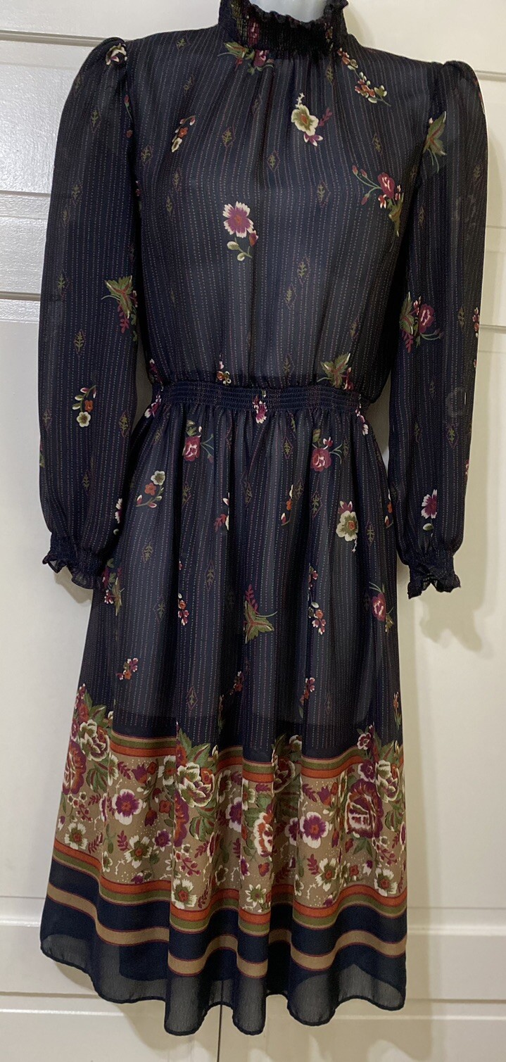 Vintage LF Petite Union Made Blue Floral Print Mock Neck Secretary Dress Size 4
