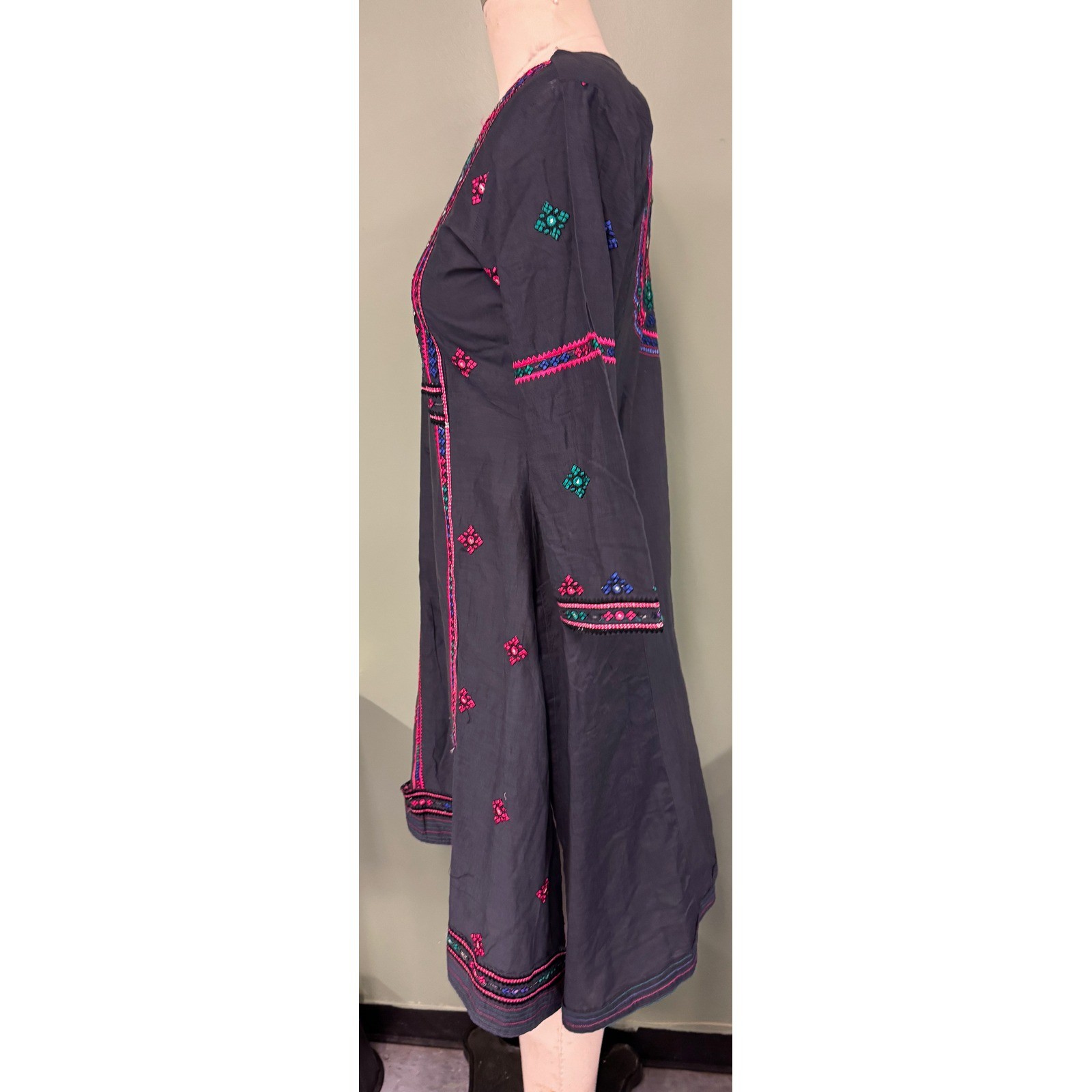 Vintage Ethnic Embroidered Tunic Dress Black Pink Boho Shisha Mirror Midi Kurta