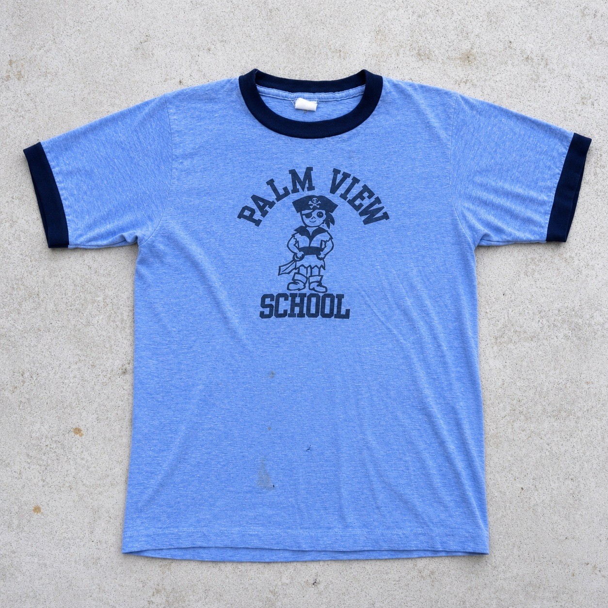 Vintage 70s Palm View School Pirate Ringer Baby T Shirt Heather Blue Navy